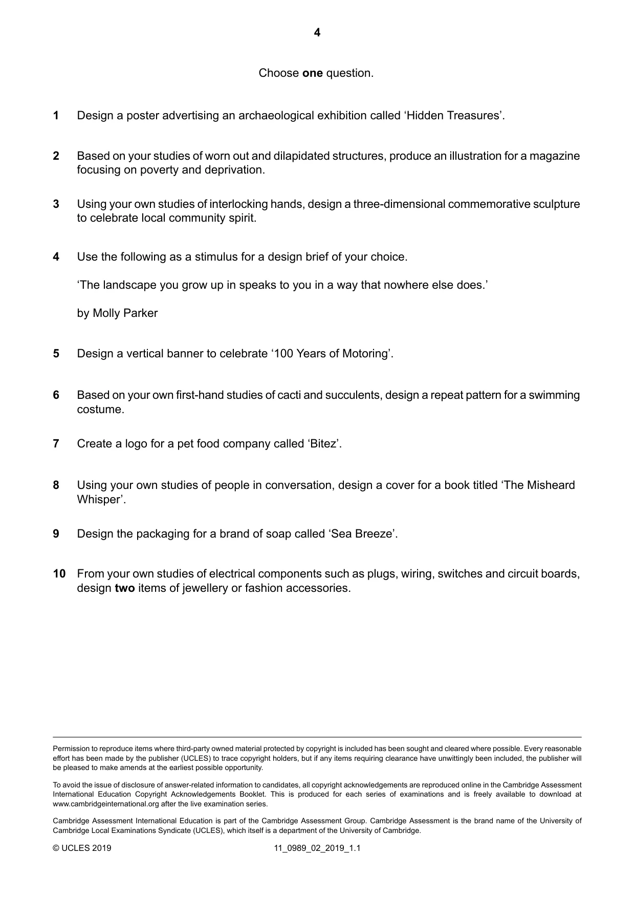 Cambridge IGCSE Art and Design (9-1) 0989 2019 Oct/Nov Paper 2 · Variant 1 question paper, page 4 of 4