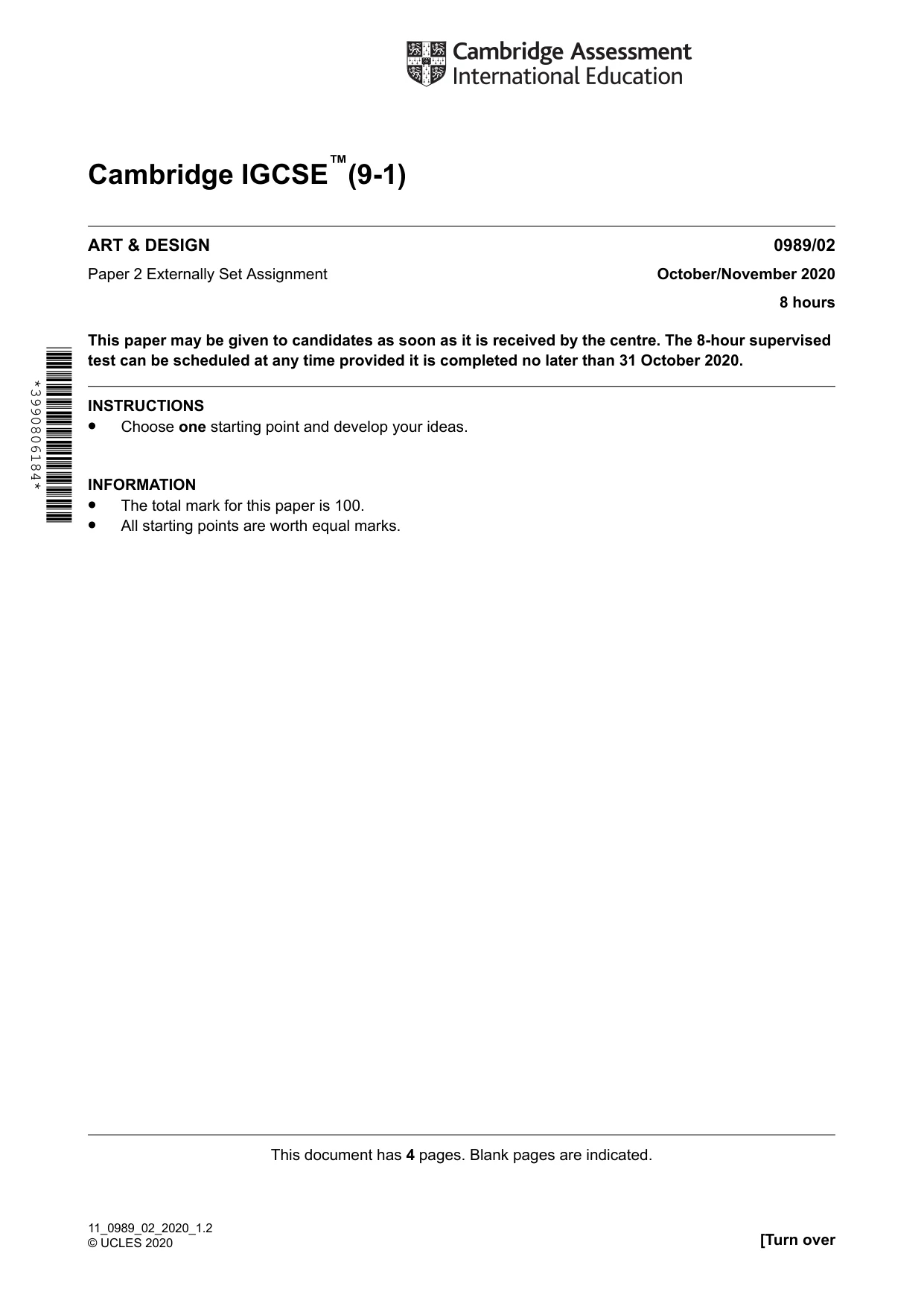 Cambridge IGCSE Art and Design (9-1) 0989 2020 Oct/Nov Paper 2 · Variant 0 question paper, page 1 of 4