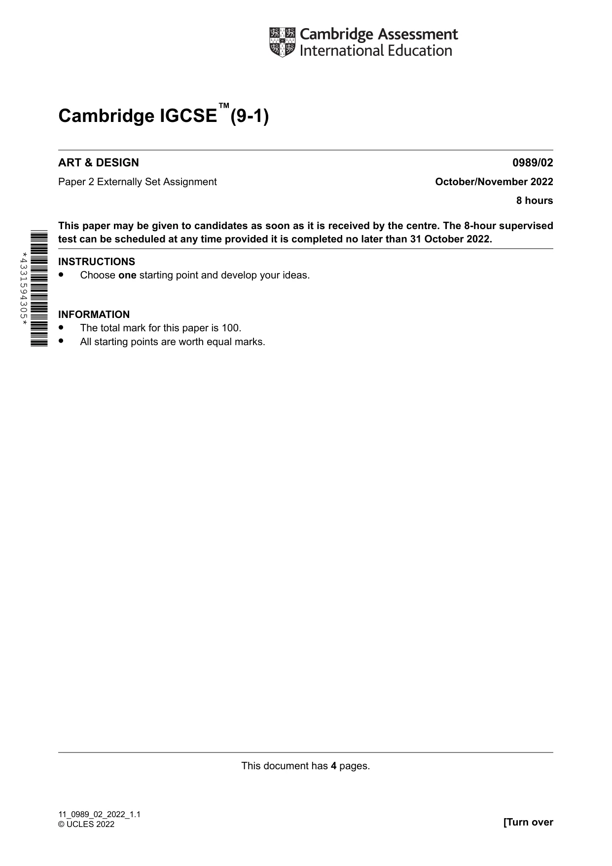 Cambridge IGCSE Art and Design (9-1) 0989 2022 Oct/Nov Paper 2 · Variant 0 question paper, page 1 of 4