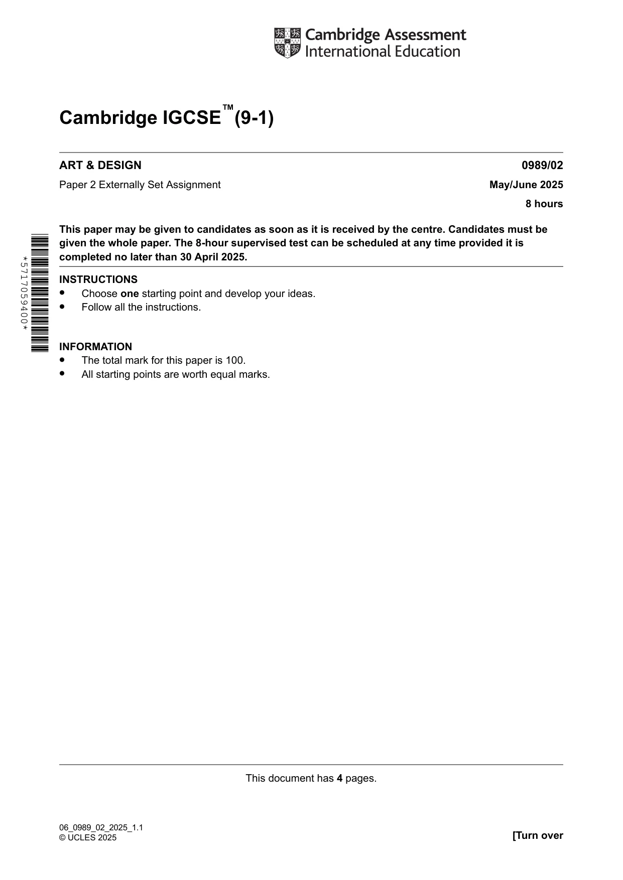 Cambridge IGCSE Art and Design (9-1) 0989 2025 May/June Paper 2 · Variant 0 question paper, page 1 of 4