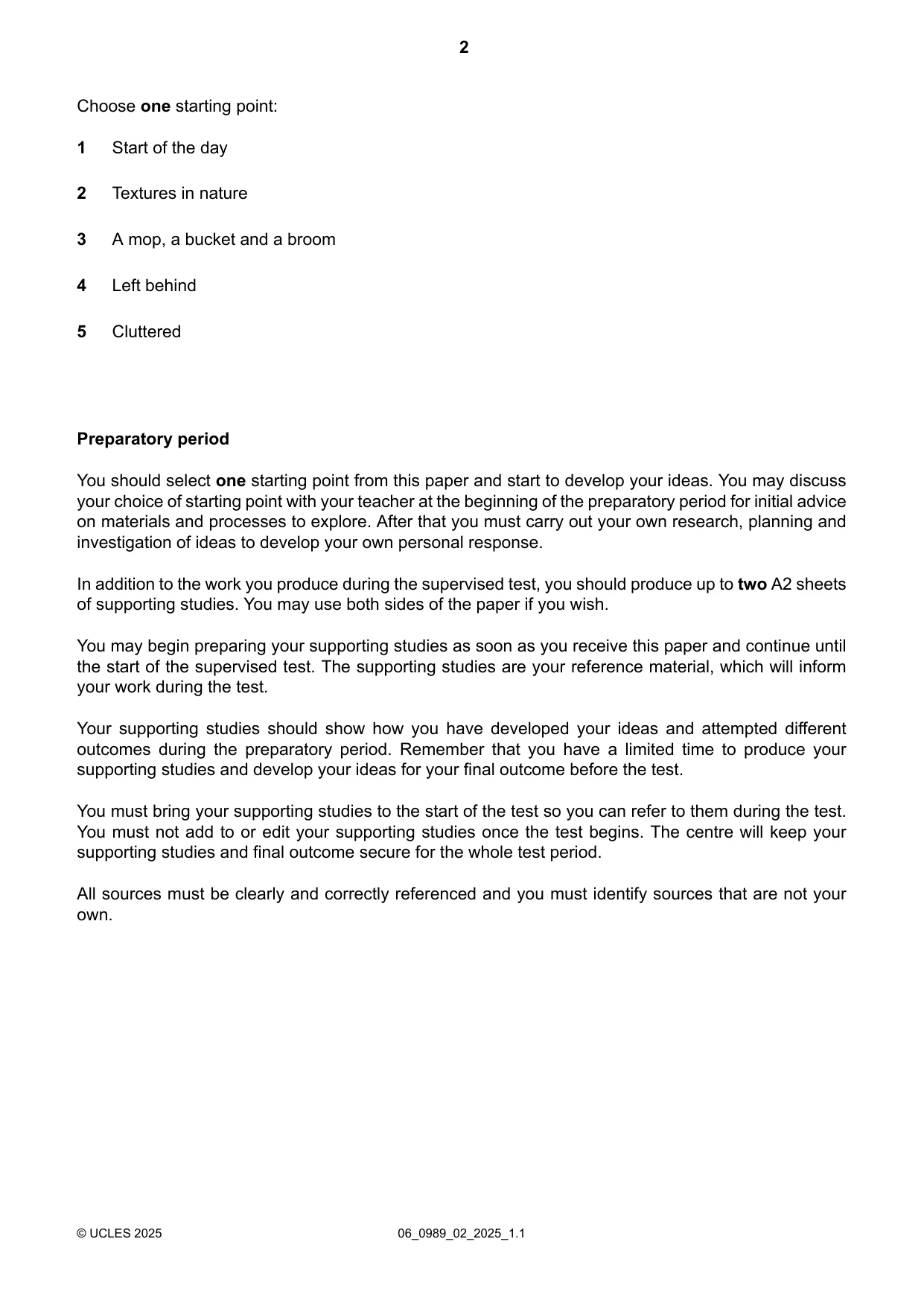 Cambridge IGCSE Art and Design (9-1) 0989 2025 May/June Paper 2 · Variant 0 question paper, page 2 of 4