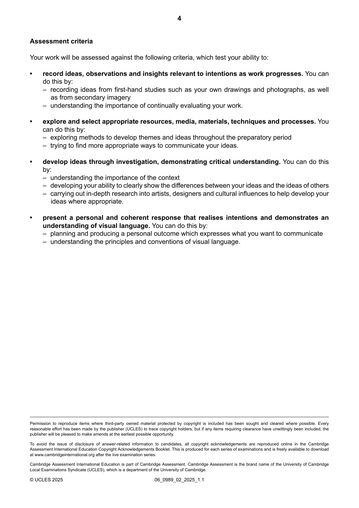Cambridge IGCSE Art and Design (9-1) 0989 2025 May/June Paper 2 · Variant 0 question paper, page 4 of 4