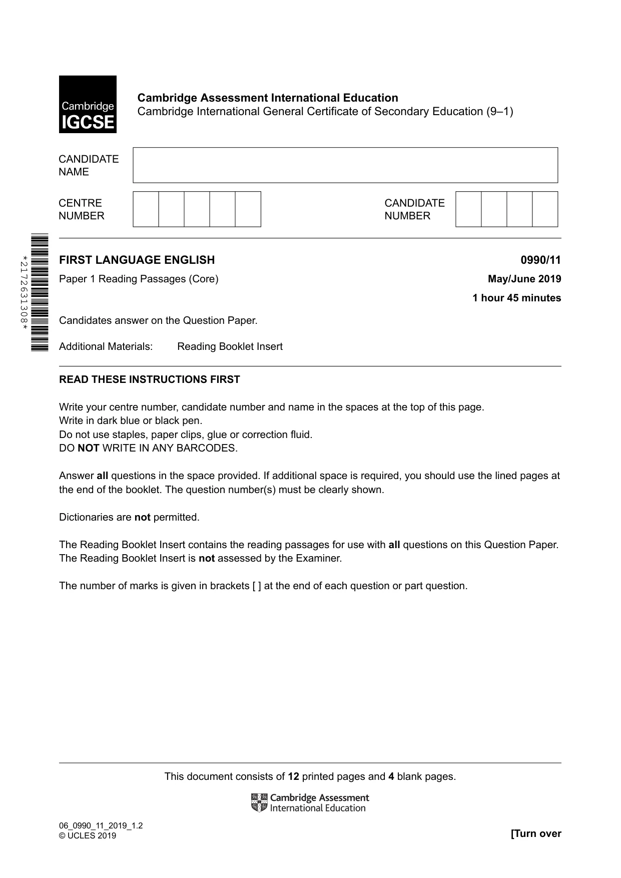 Cambridge IGCSE English - First Language (9-1) 0990 2019 May/June Paper 1 · Variant 1 question paper, page 1 of 16