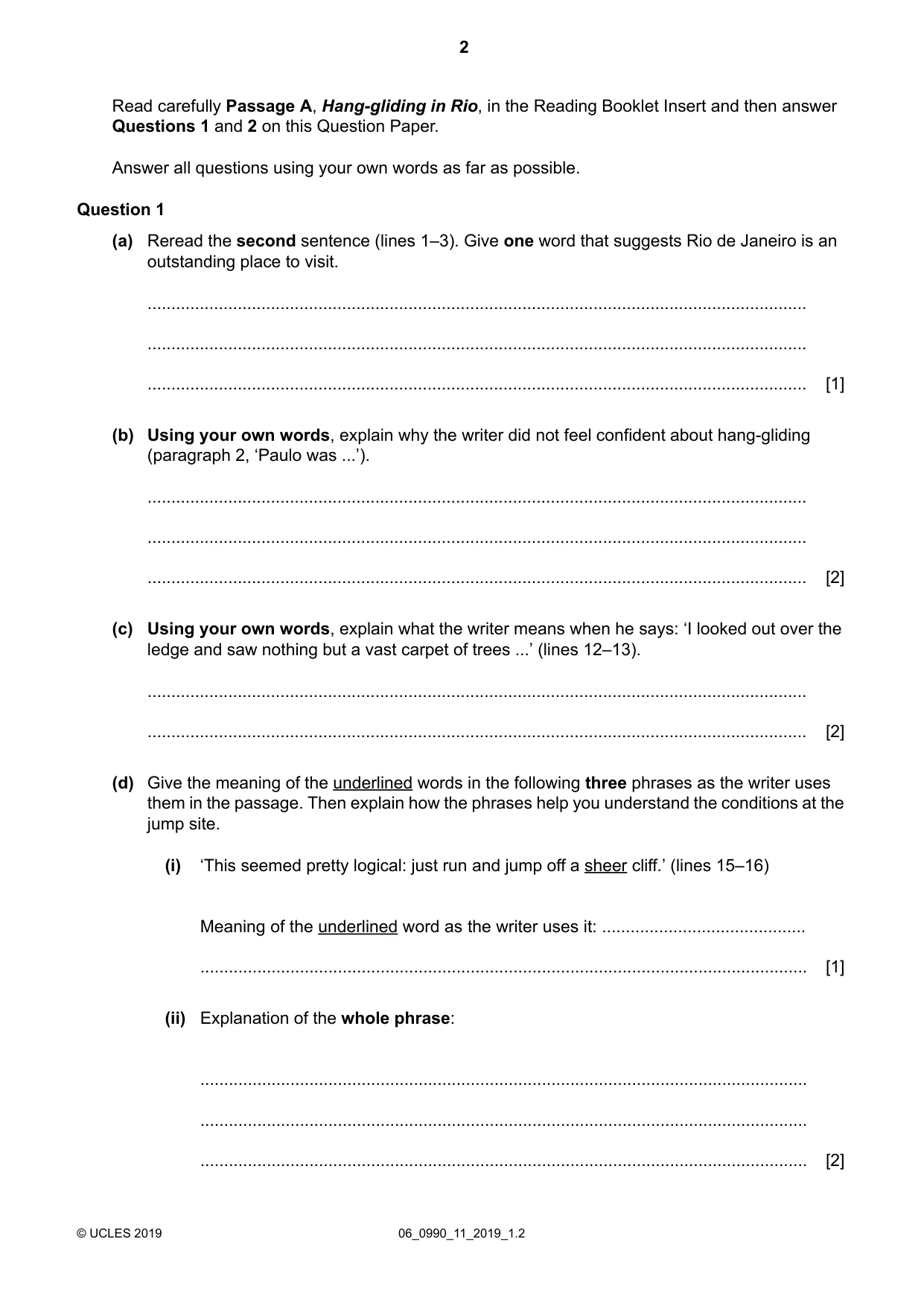 Cambridge IGCSE English - First Language (9-1) 0990 2019 May/June Paper 1 · Variant 1 question paper, page 2 of 16