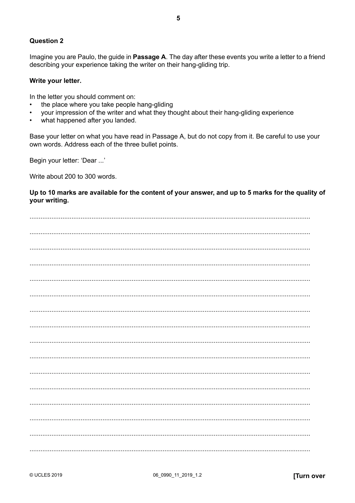 Cambridge IGCSE English - First Language (9-1) 0990 2019 May/June Paper 1 · Variant 1 question paper, page 5 of 16