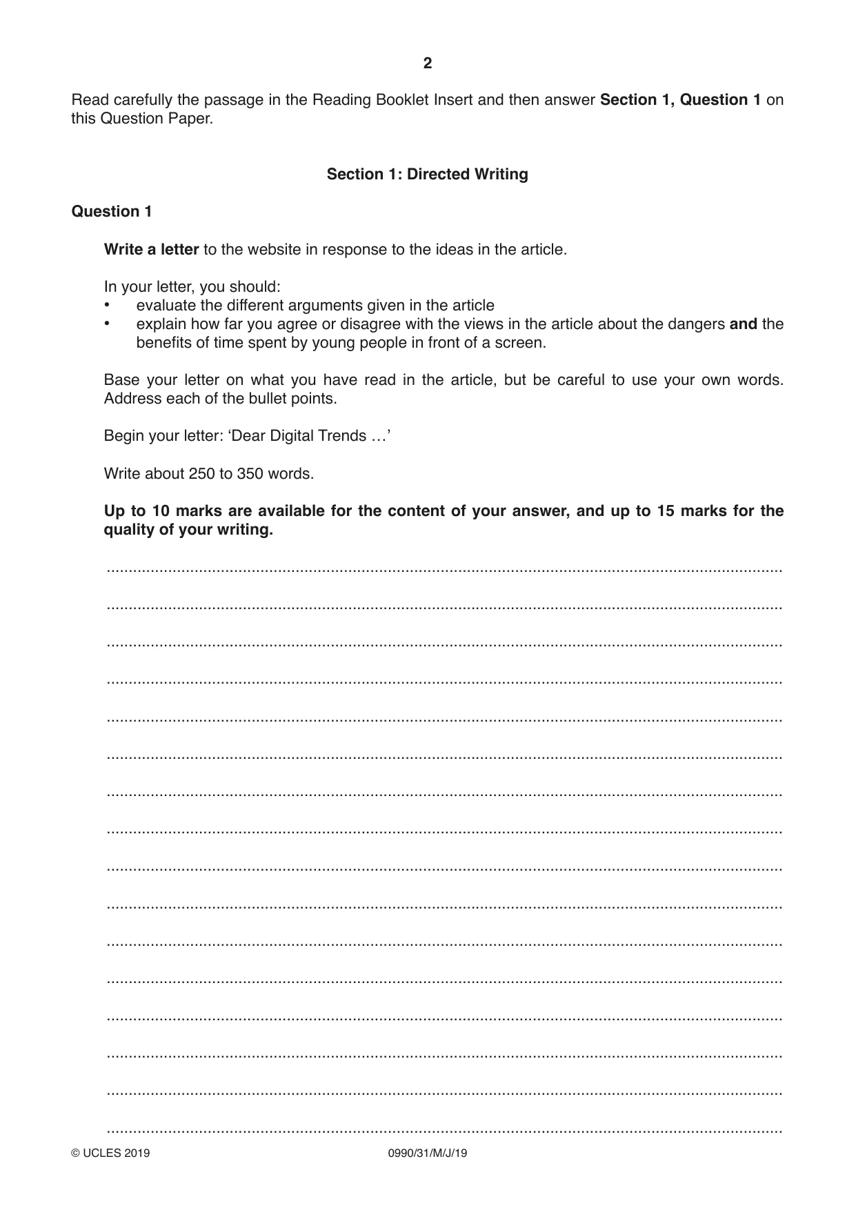 Cambridge IGCSE English - First Language (9-1) 0990 2019 May/June Paper 3 · Variant 1 question paper, page 2 of 12
