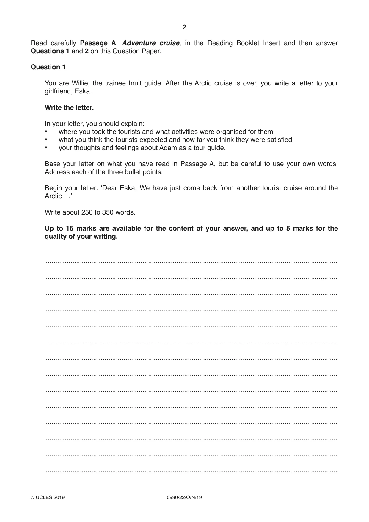 Cambridge IGCSE English - First Language (9-1) 0990 2019 Oct/Nov Paper 2 · Variant 2 question paper, page 2 of 12