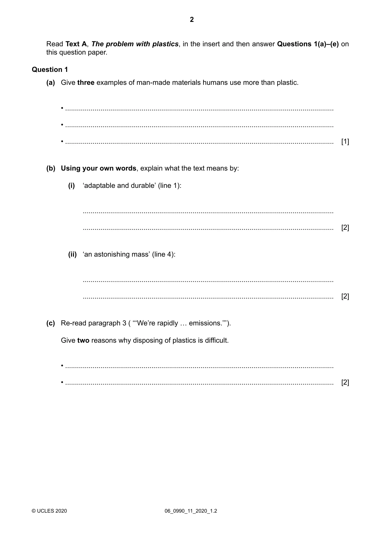Cambridge IGCSE English - First Language (9-1) 0990 2020 May/June Paper 1 · Variant 1 question paper, page 2 of 16