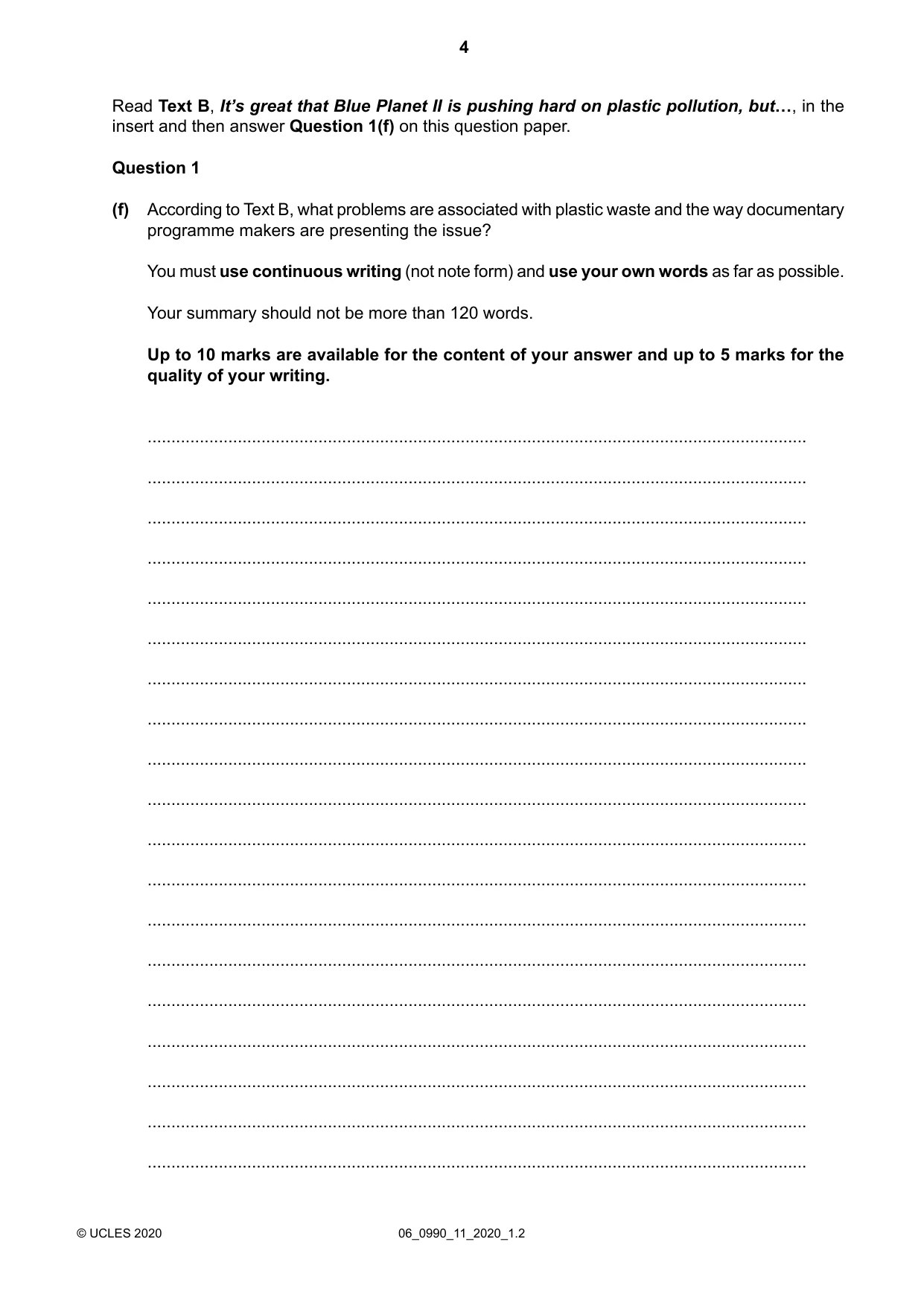 Cambridge IGCSE English - First Language (9-1) 0990 2020 May/June Paper 1 · Variant 1 question paper, page 4 of 16
