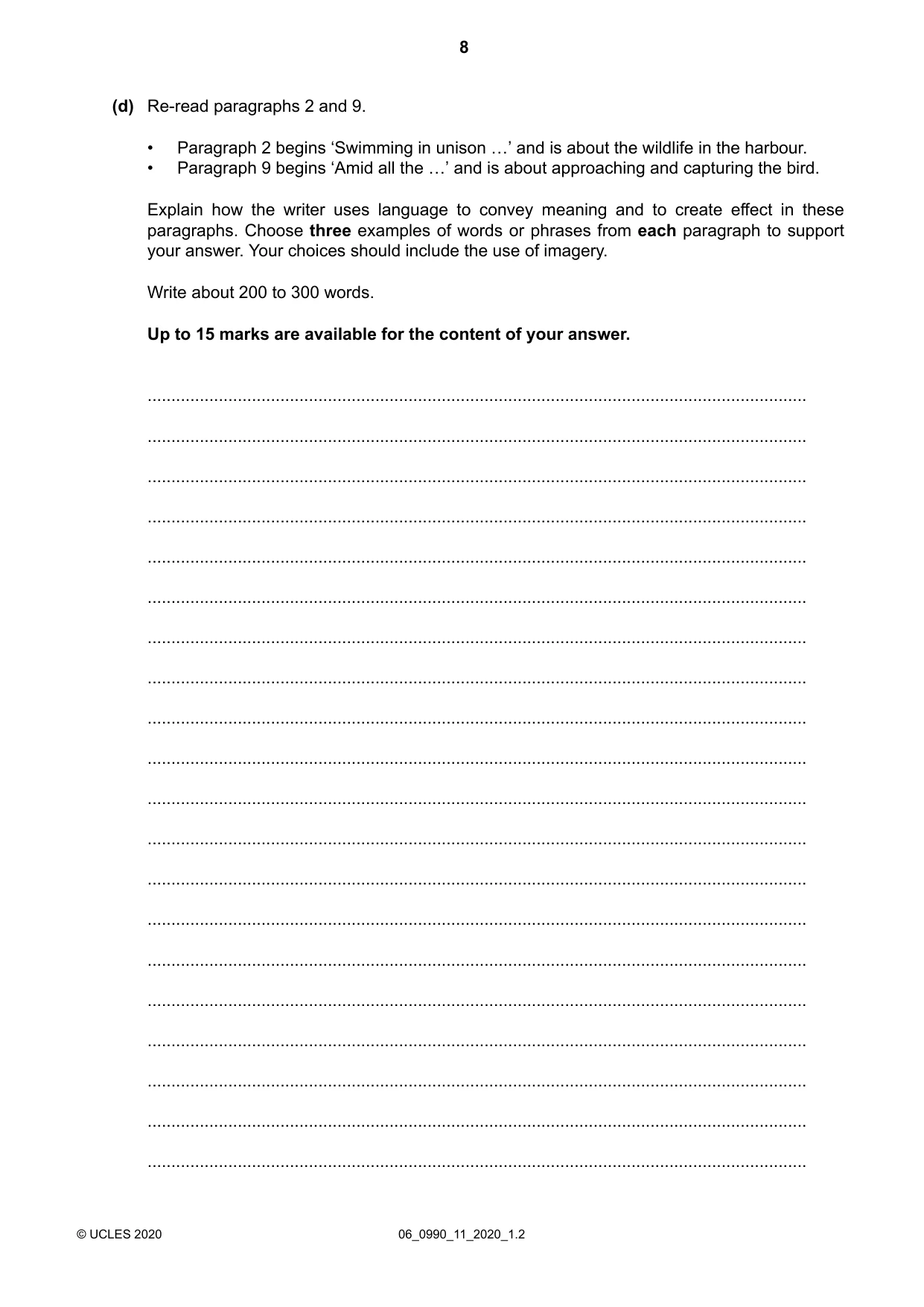 Cambridge IGCSE English - First Language (9-1) 0990 2020 May/June Paper 1 · Variant 1 question paper, page 8 of 16