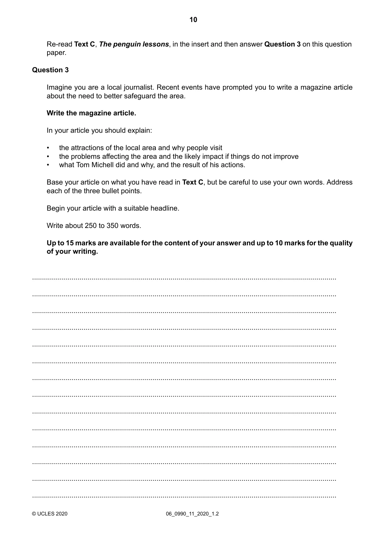 Cambridge IGCSE English - First Language (9-1) 0990 2020 May/June Paper 1 · Variant 1 question paper, page 10 of 16