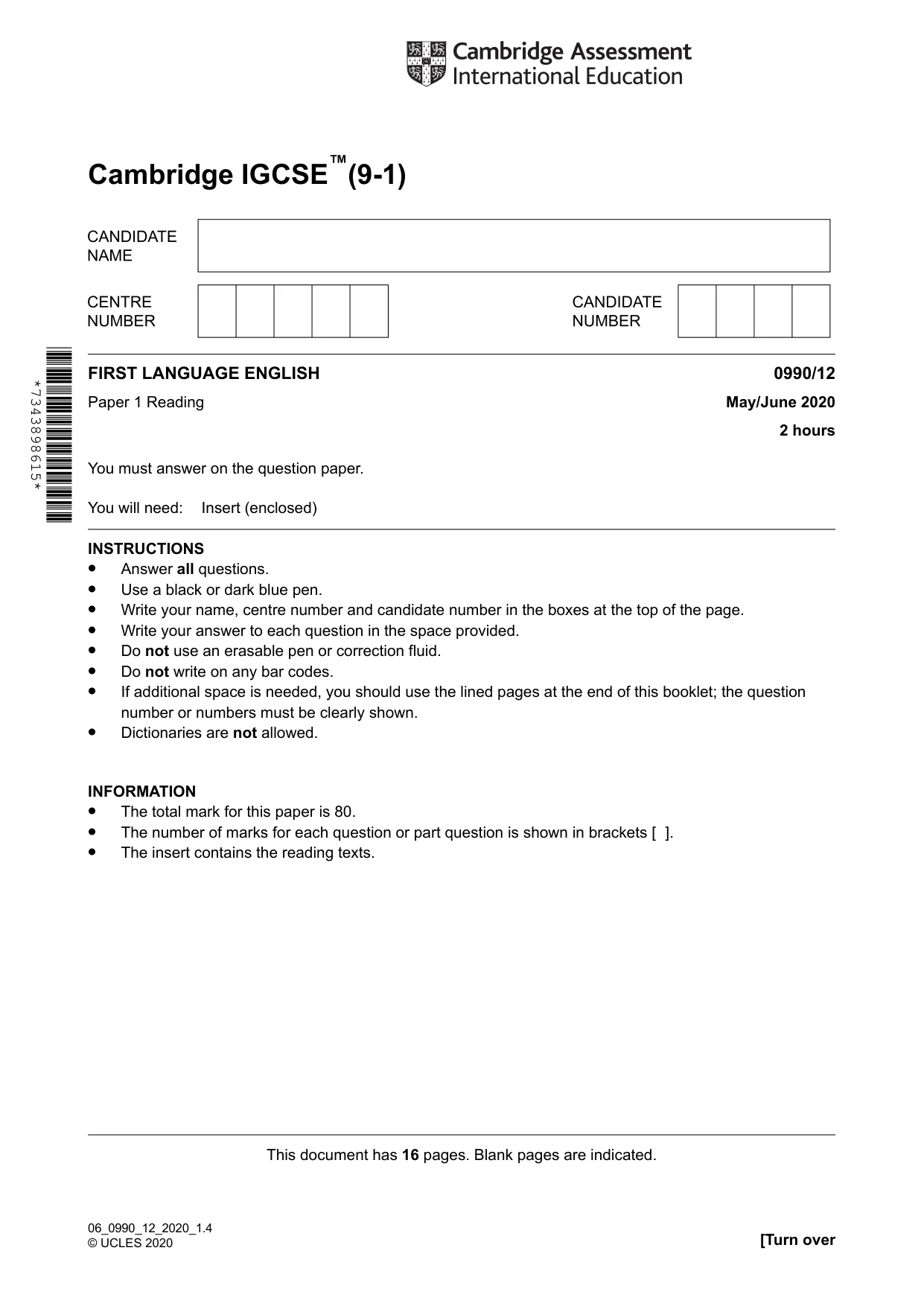 Cambridge IGCSE English - First Language (9-1) 0990 2020 May/June Paper 1 · Variant 2 question paper, page 1 of 16