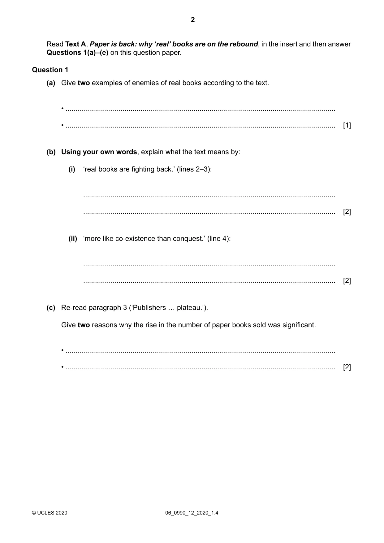 Cambridge IGCSE English - First Language (9-1) 0990 2020 May/June Paper 1 · Variant 2 question paper, page 2 of 16