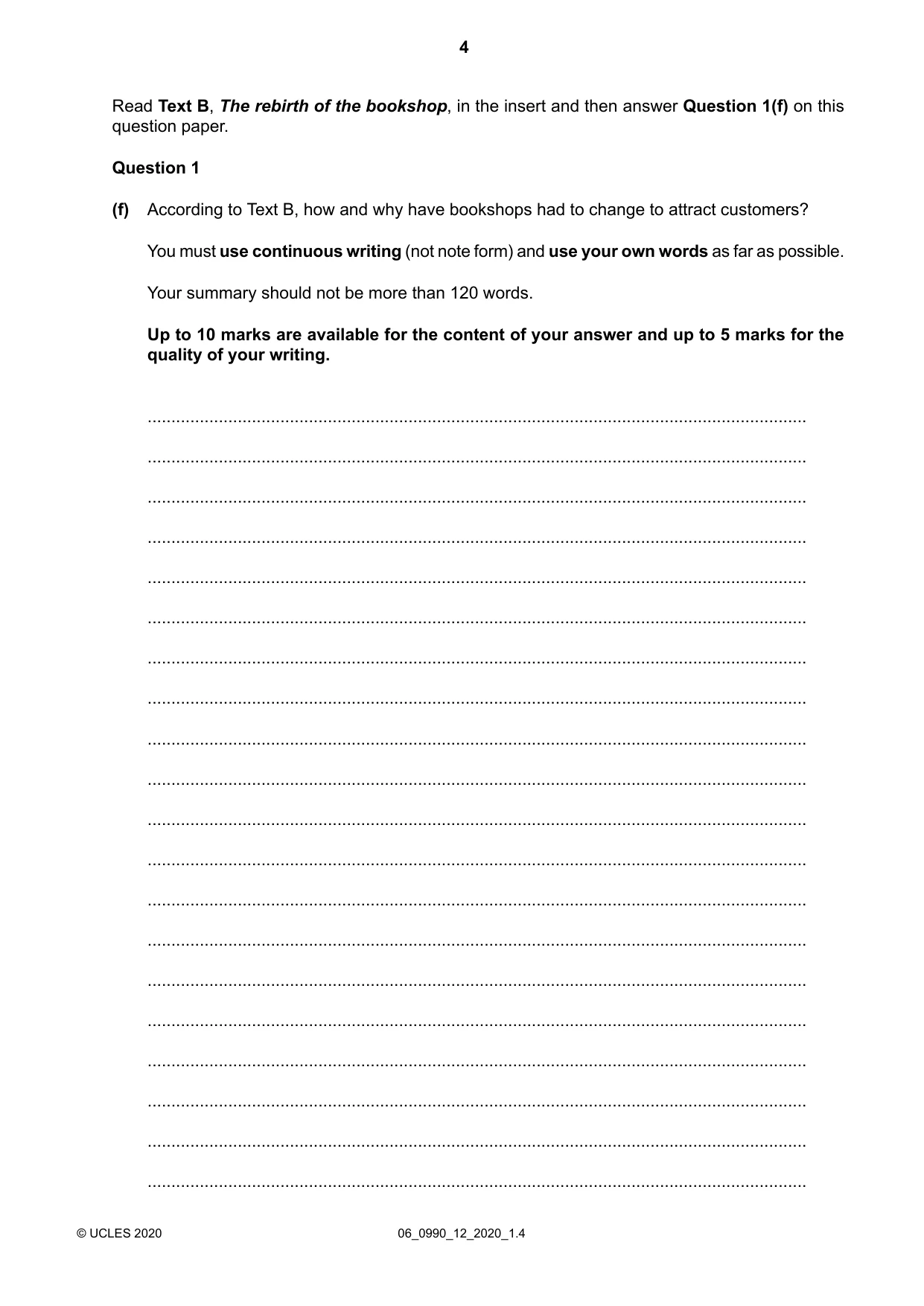 Cambridge IGCSE English - First Language (9-1) 0990 2020 May/June Paper 1 · Variant 2 question paper, page 4 of 16