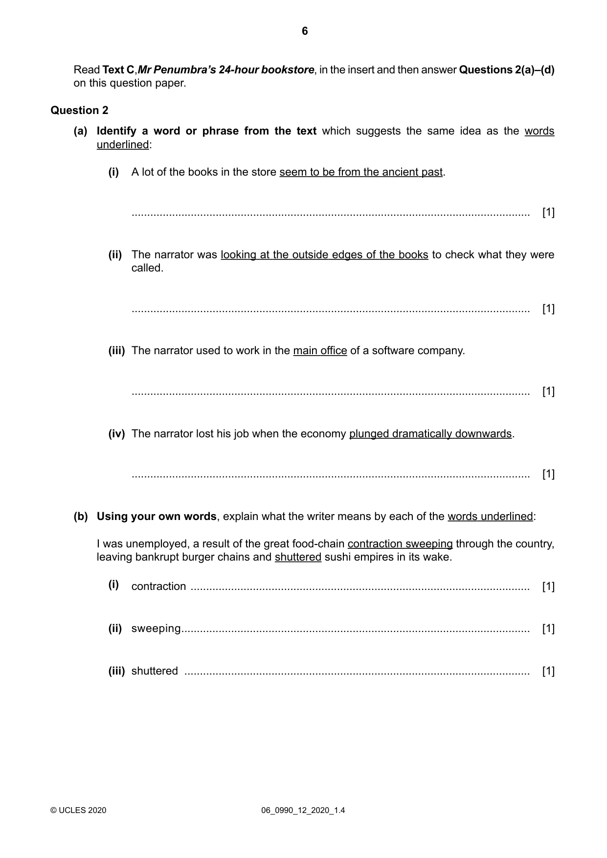Cambridge IGCSE English - First Language (9-1) 0990 2020 May/June Paper 1 · Variant 2 question paper, page 6 of 16