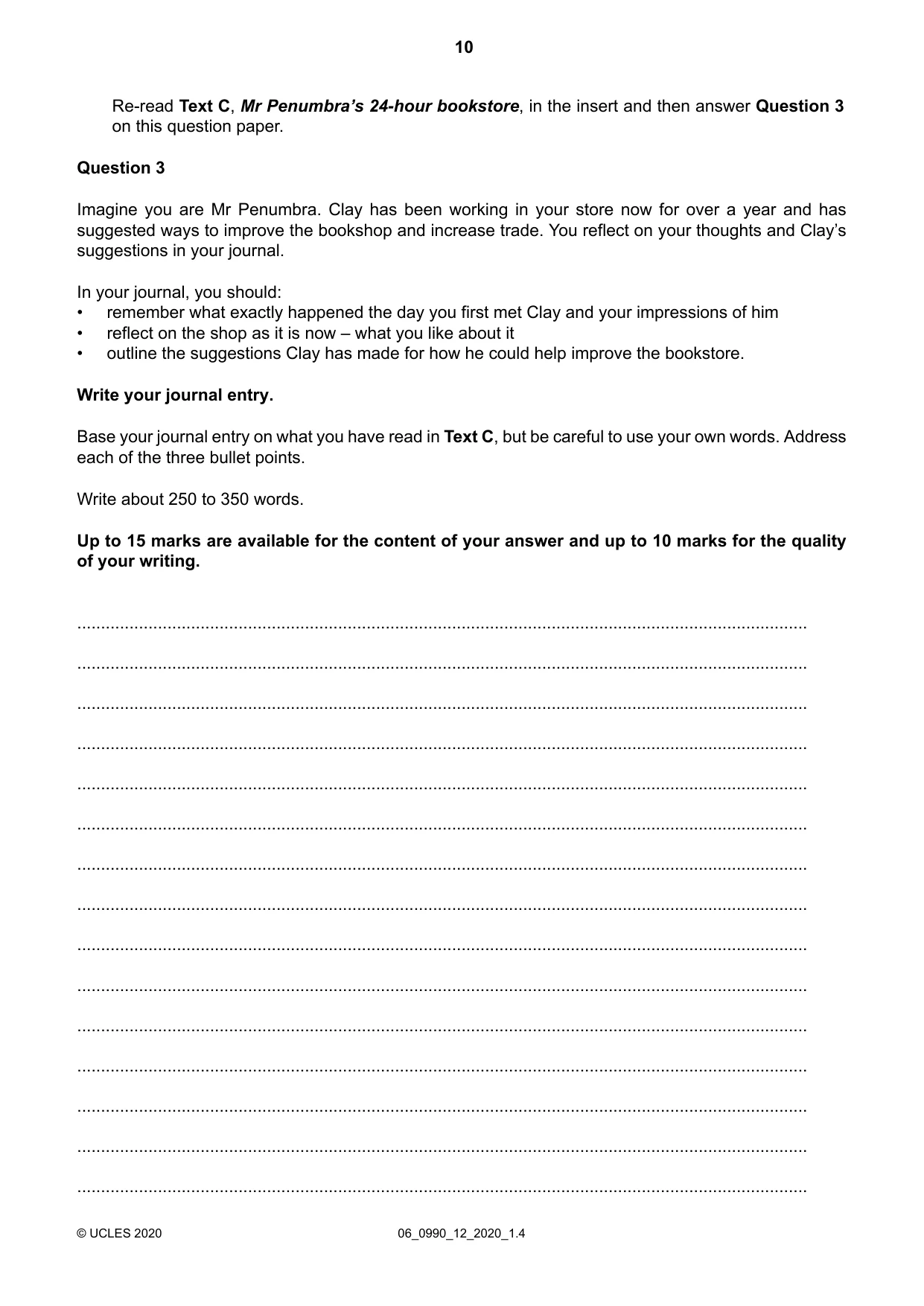 Cambridge IGCSE English - First Language (9-1) 0990 2020 May/June Paper 1 · Variant 2 question paper, page 10 of 16