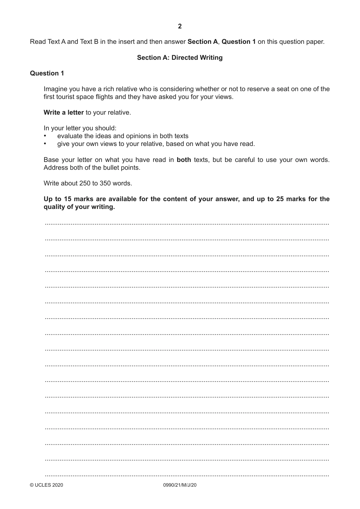 Cambridge IGCSE English - First Language (9-1) 0990 2020 May/June Paper 2 · Variant 1 question paper, page 2 of 12