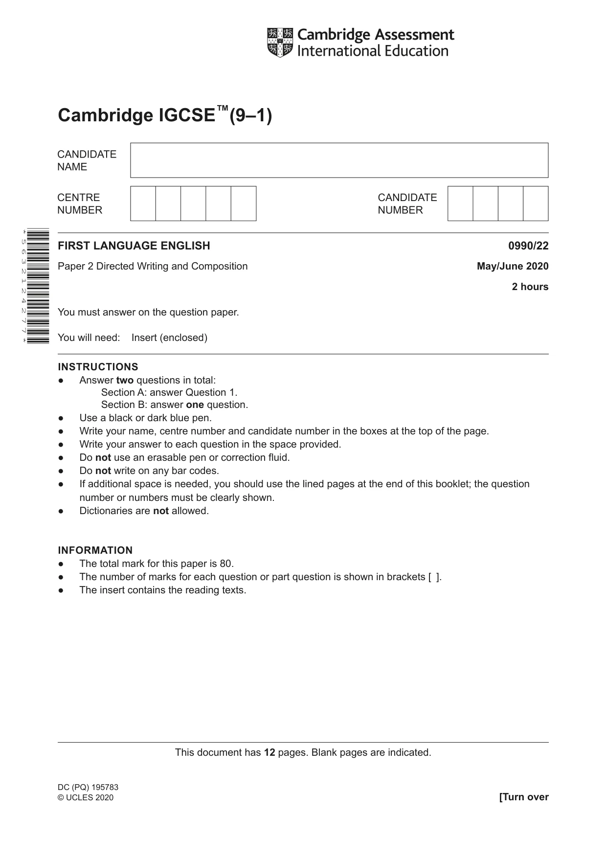 Cambridge IGCSE English - First Language (9-1) 0990 2020 May/June Paper 2 · Variant 2 question paper, page 1 of 12