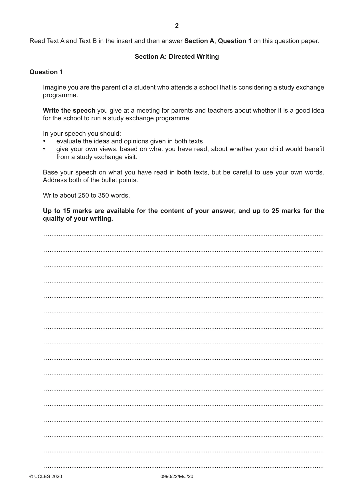 Cambridge IGCSE English - First Language (9-1) 0990 2020 May/June Paper 2 · Variant 2 question paper, page 2 of 12