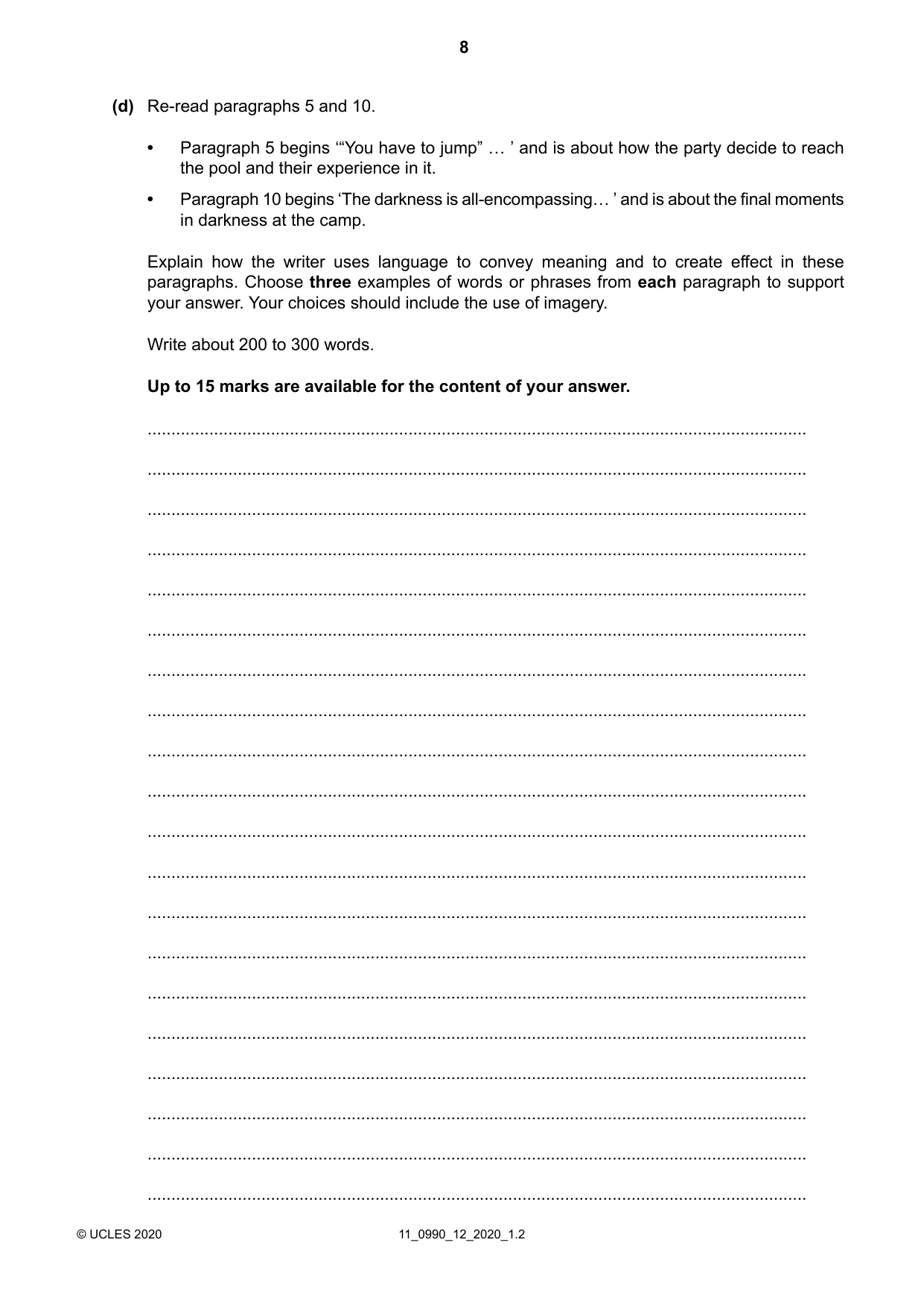 Cambridge IGCSE English - First Language (9-1) 0990 2020 Oct/Nov Paper 1 · Variant 2 question paper, page 8 of 16