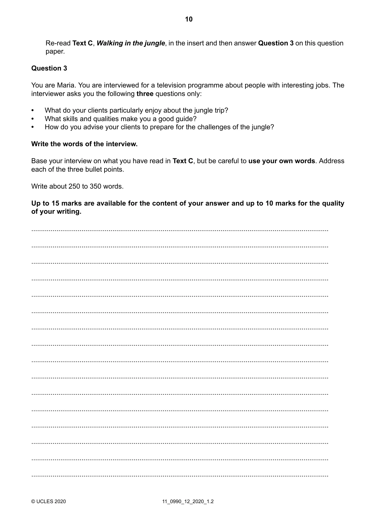 Cambridge IGCSE English - First Language (9-1) 0990 2020 Oct/Nov Paper 1 · Variant 2 question paper, page 10 of 16