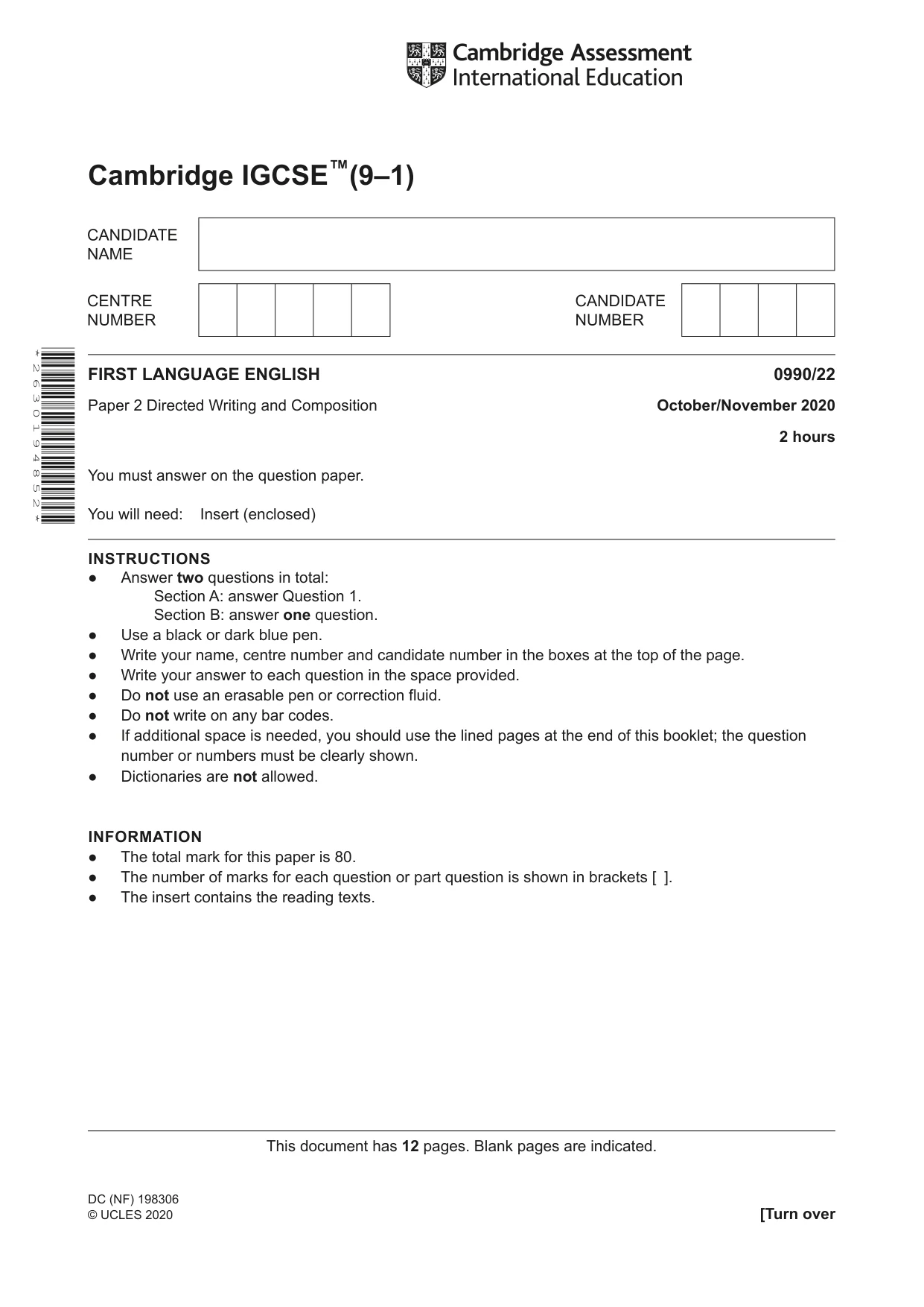 Cambridge IGCSE English - First Language (9-1) 0990 2020 Oct/Nov Paper 2 · Variant 2 question paper, page 1 of 12