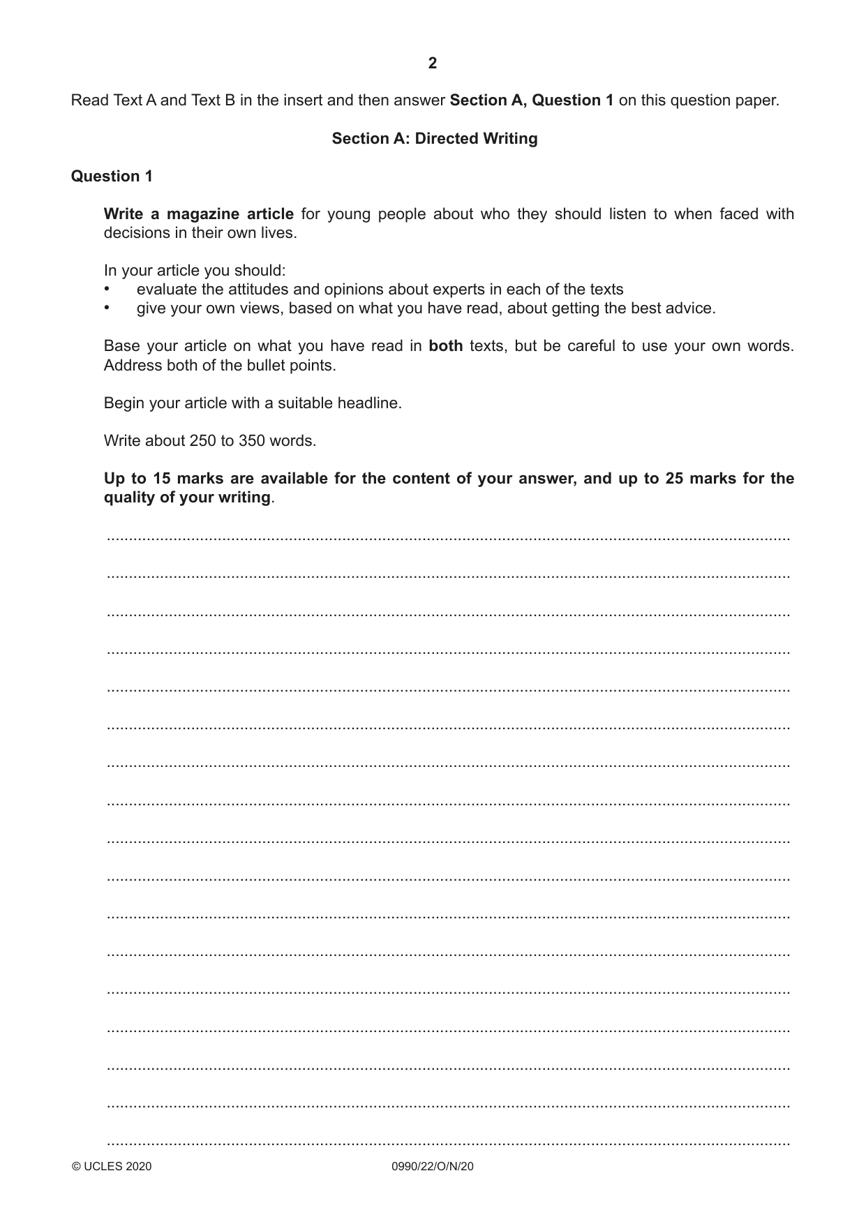 Cambridge IGCSE English - First Language (9-1) 0990 2020 Oct/Nov Paper 2 · Variant 2 question paper, page 2 of 12