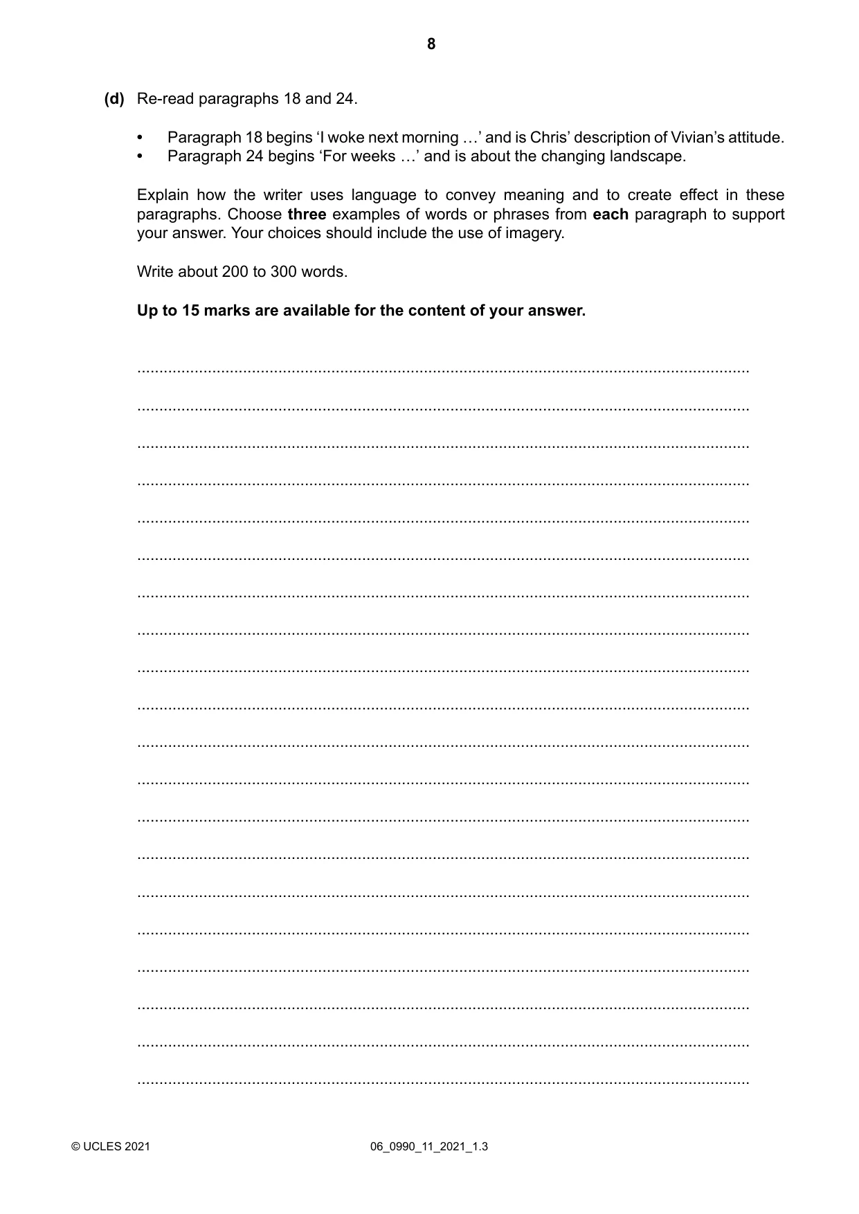 Cambridge IGCSE English - First Language (9-1) 0990 2021 May/June Paper 1 · Variant 1 question paper, page 8 of 16