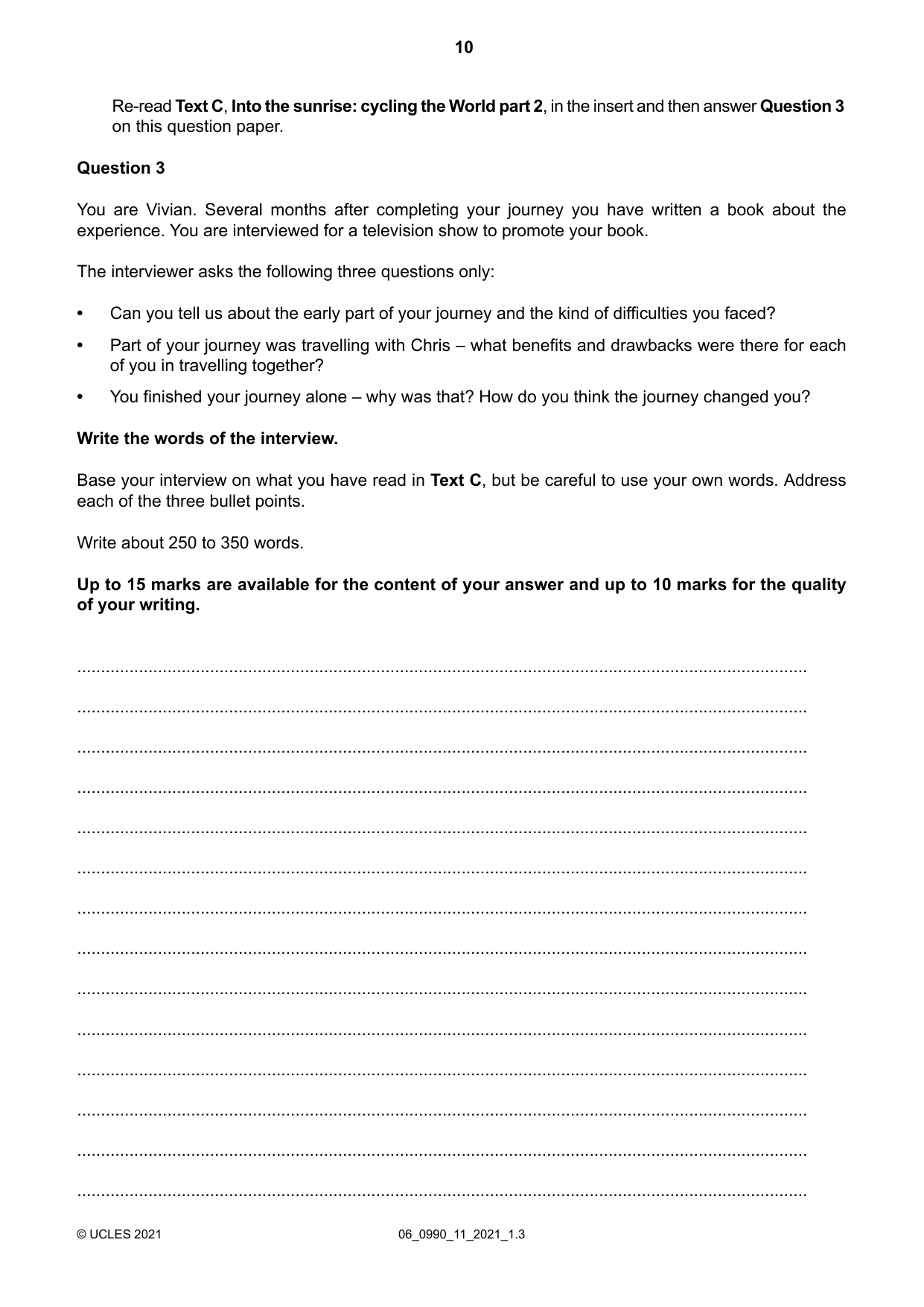 Cambridge IGCSE English - First Language (9-1) 0990 2021 May/June Paper 1 · Variant 1 question paper, page 10 of 16
