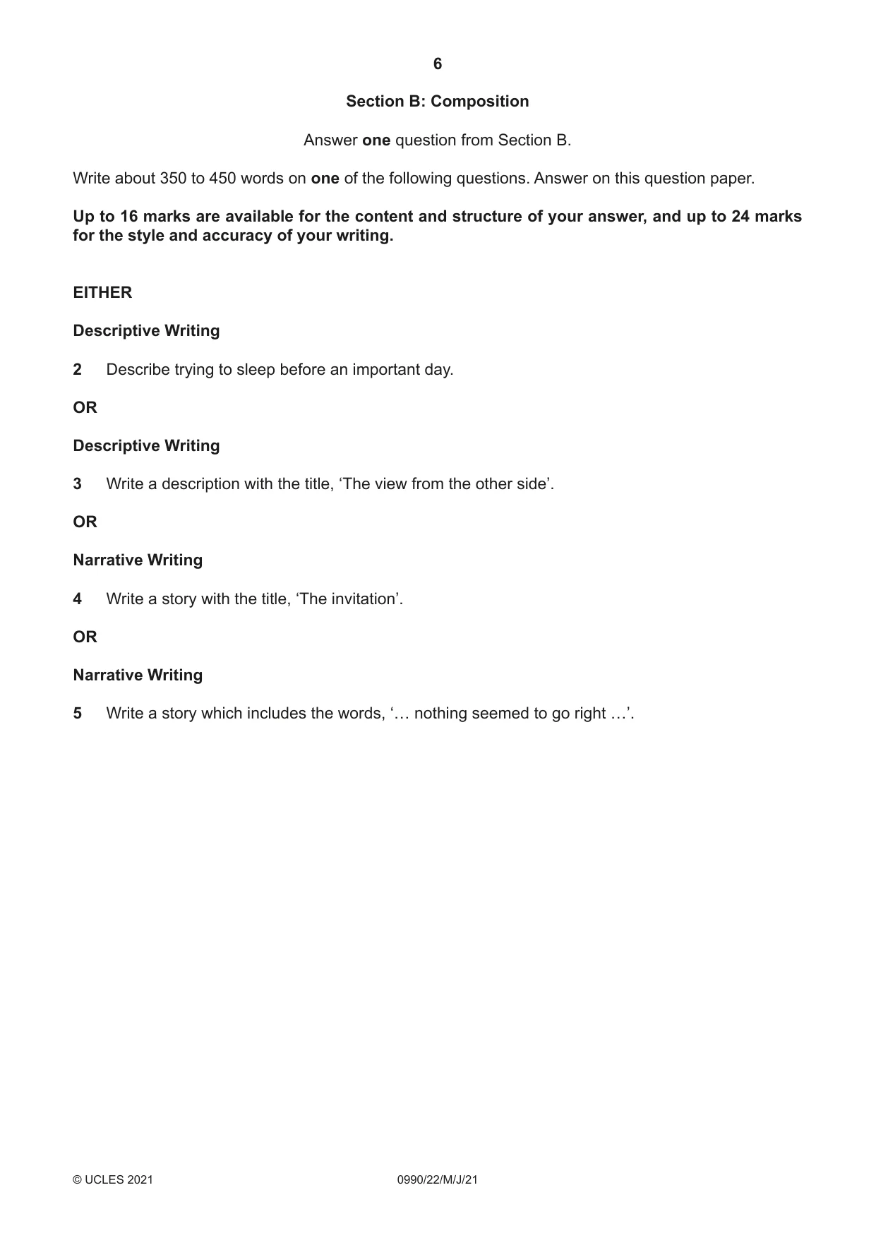 Cambridge IGCSE English - First Language (9-1) 0990 2021 May/June Paper 2 · Variant 2 question paper, page 6 of 12