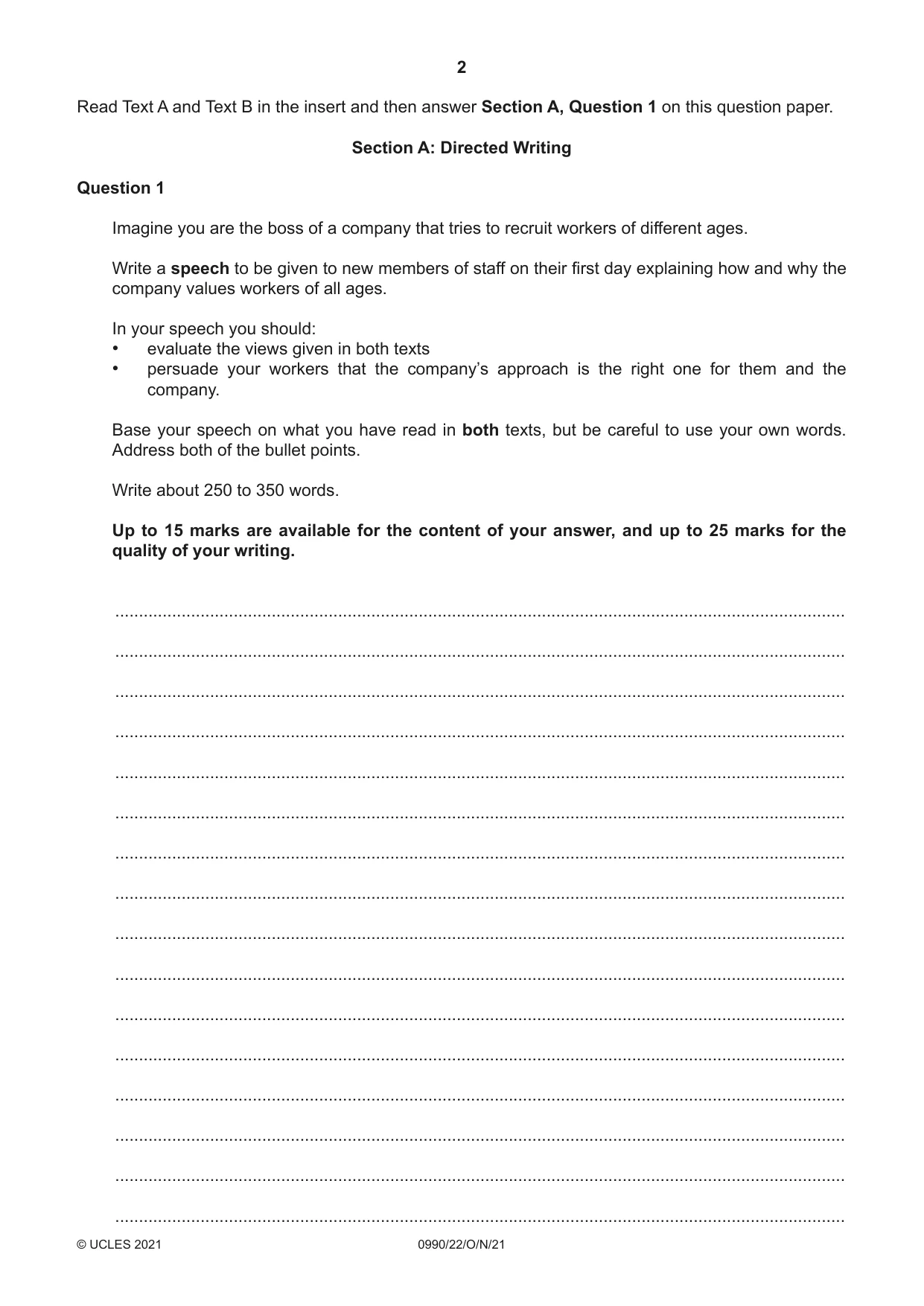Cambridge IGCSE English - First Language (9-1) 0990 2021 Oct/Nov Paper 2 · Variant 2 question paper, page 2 of 12