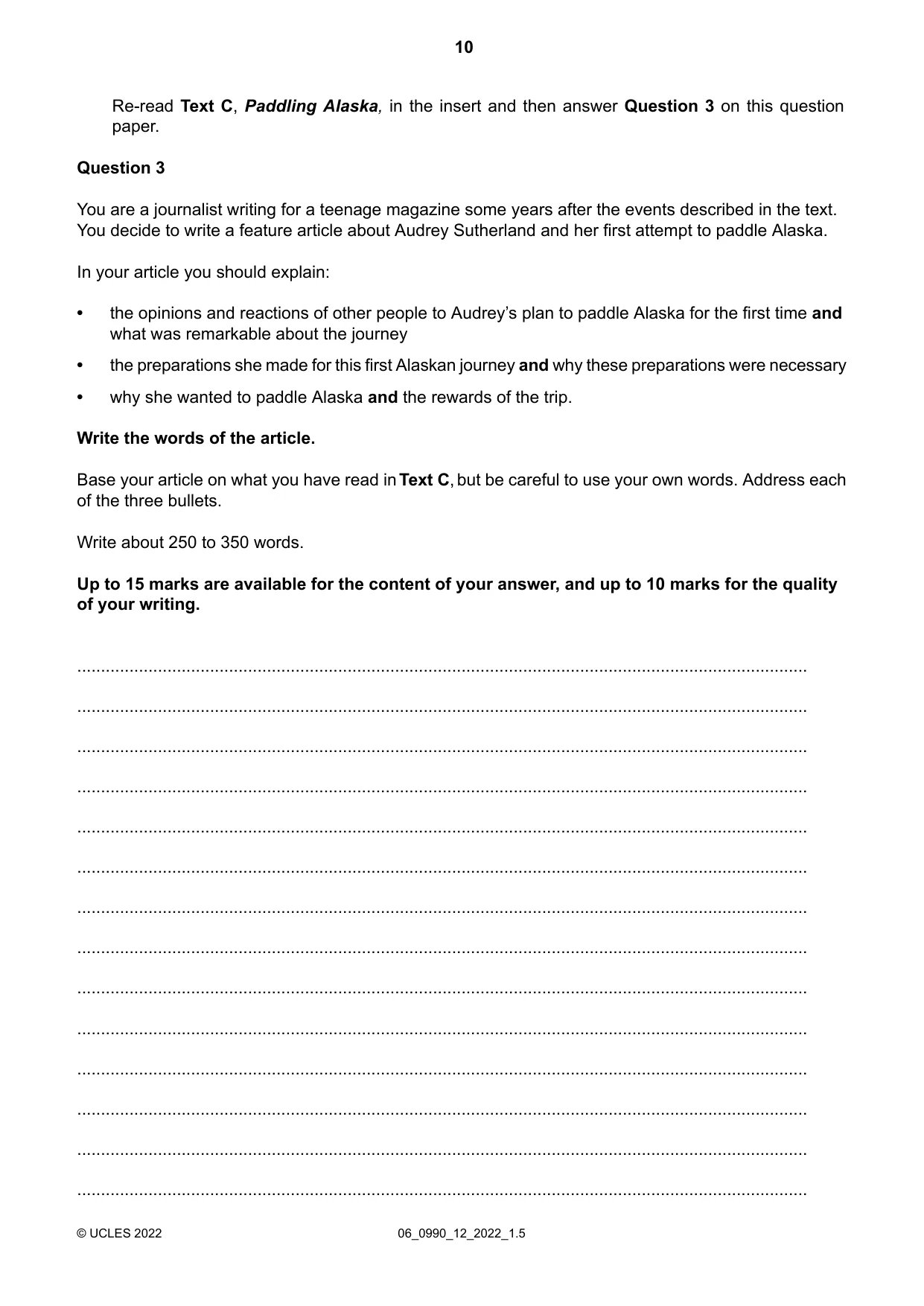 Cambridge IGCSE English - First Language (9-1) 0990 2022 May/June Paper 1 · Variant 2 question paper, page 10 of 16