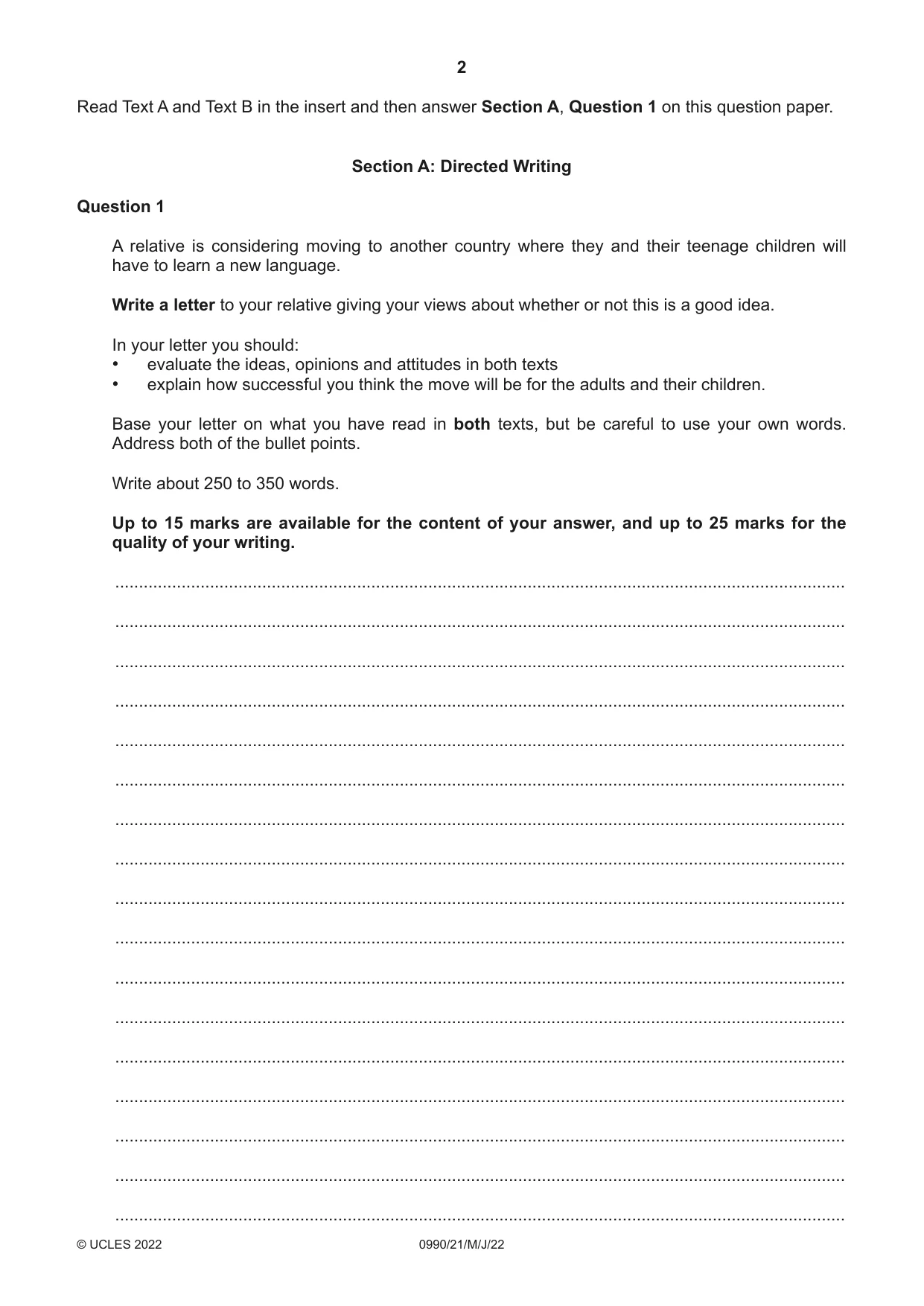Cambridge IGCSE English - First Language (9-1) 0990 2022 May/June Paper 2 · Variant 1 question paper, page 2 of 12