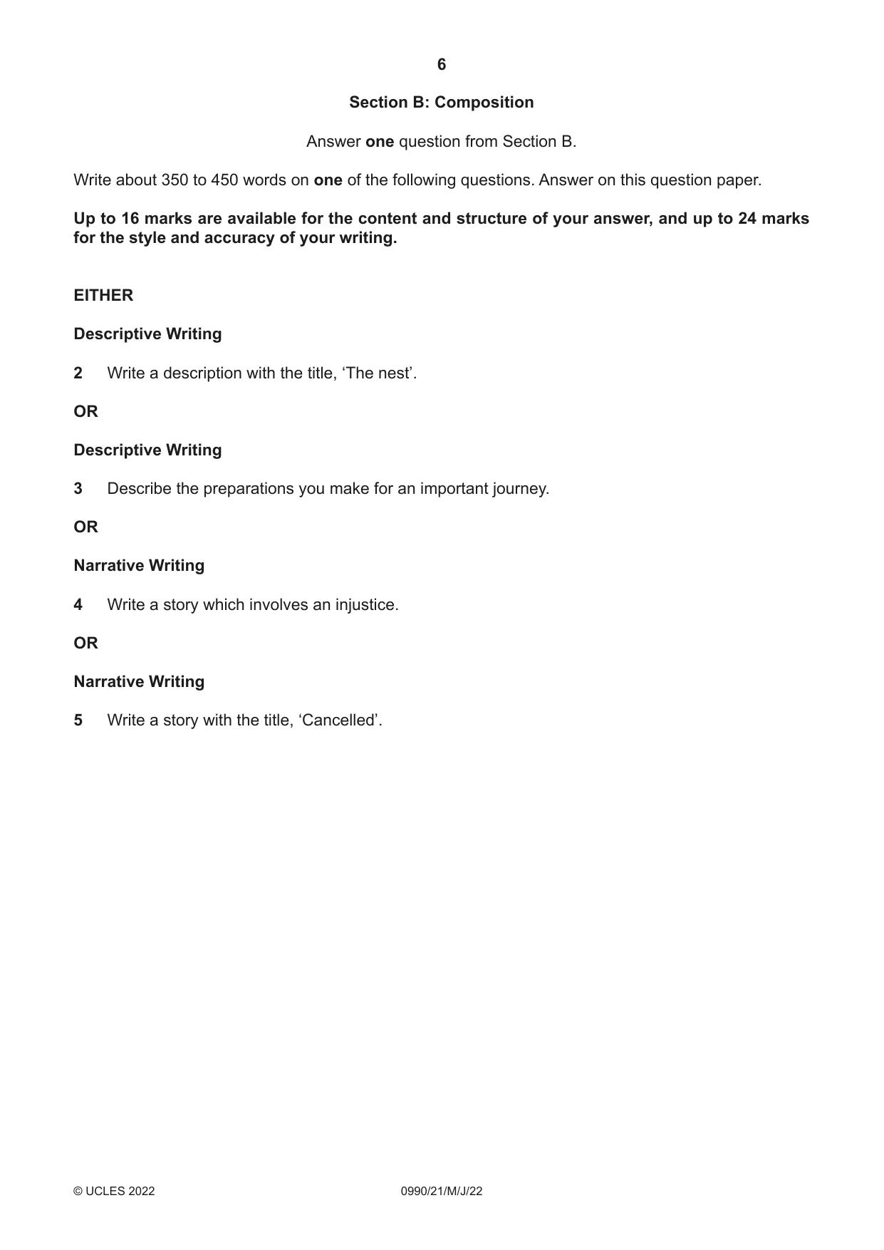 Cambridge IGCSE English - First Language (9-1) 0990 2022 May/June Paper 2 · Variant 1 question paper, page 6 of 12