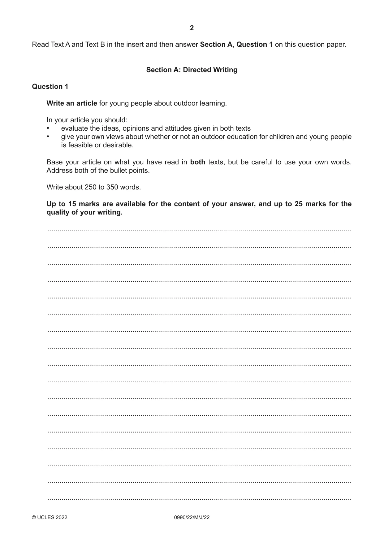 Cambridge IGCSE English - First Language (9-1) 0990 2022 May/June Paper 2 · Variant 2 question paper, page 2 of 12