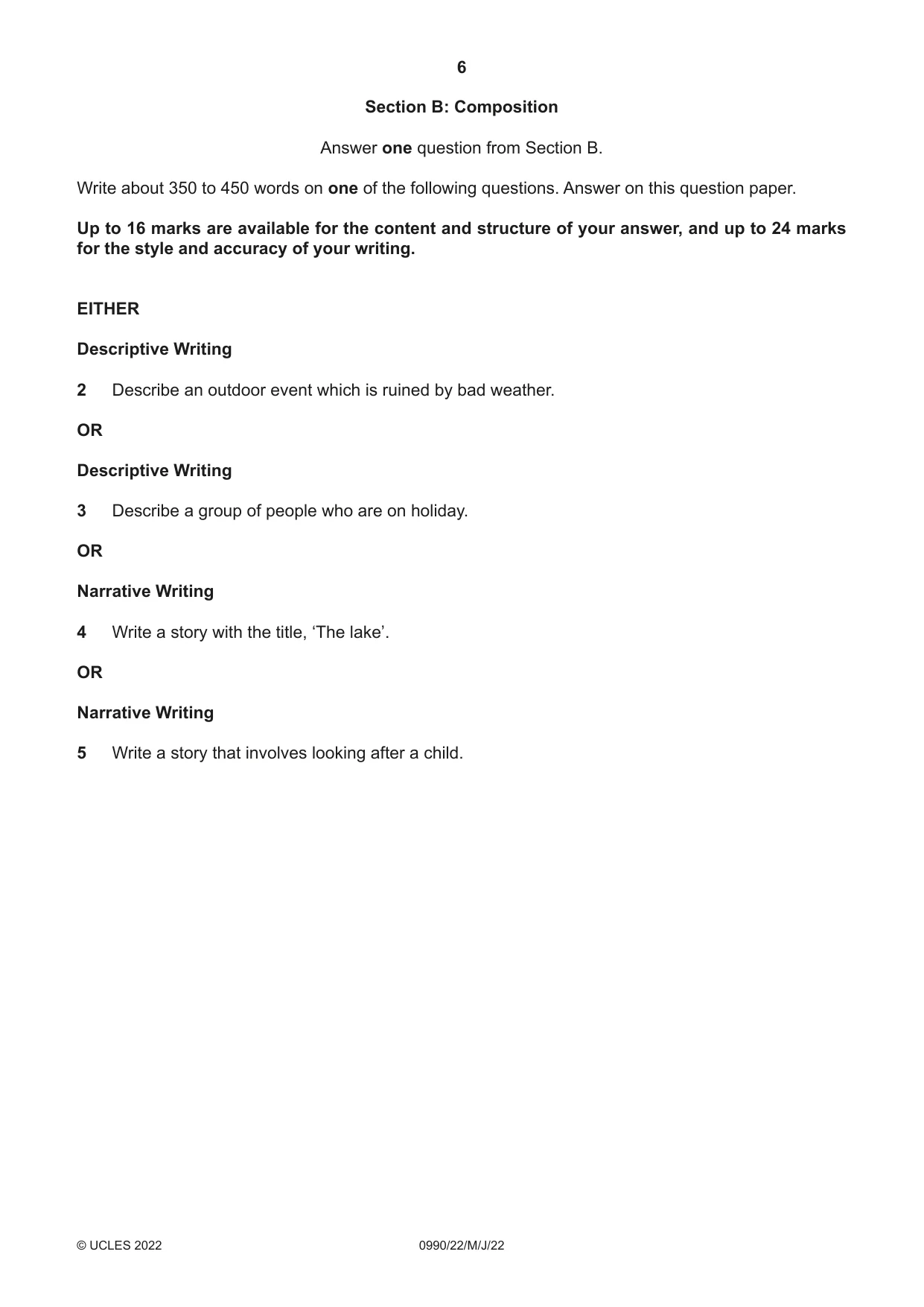 Cambridge IGCSE English - First Language (9-1) 0990 2022 May/June Paper 2 · Variant 2 question paper, page 6 of 12