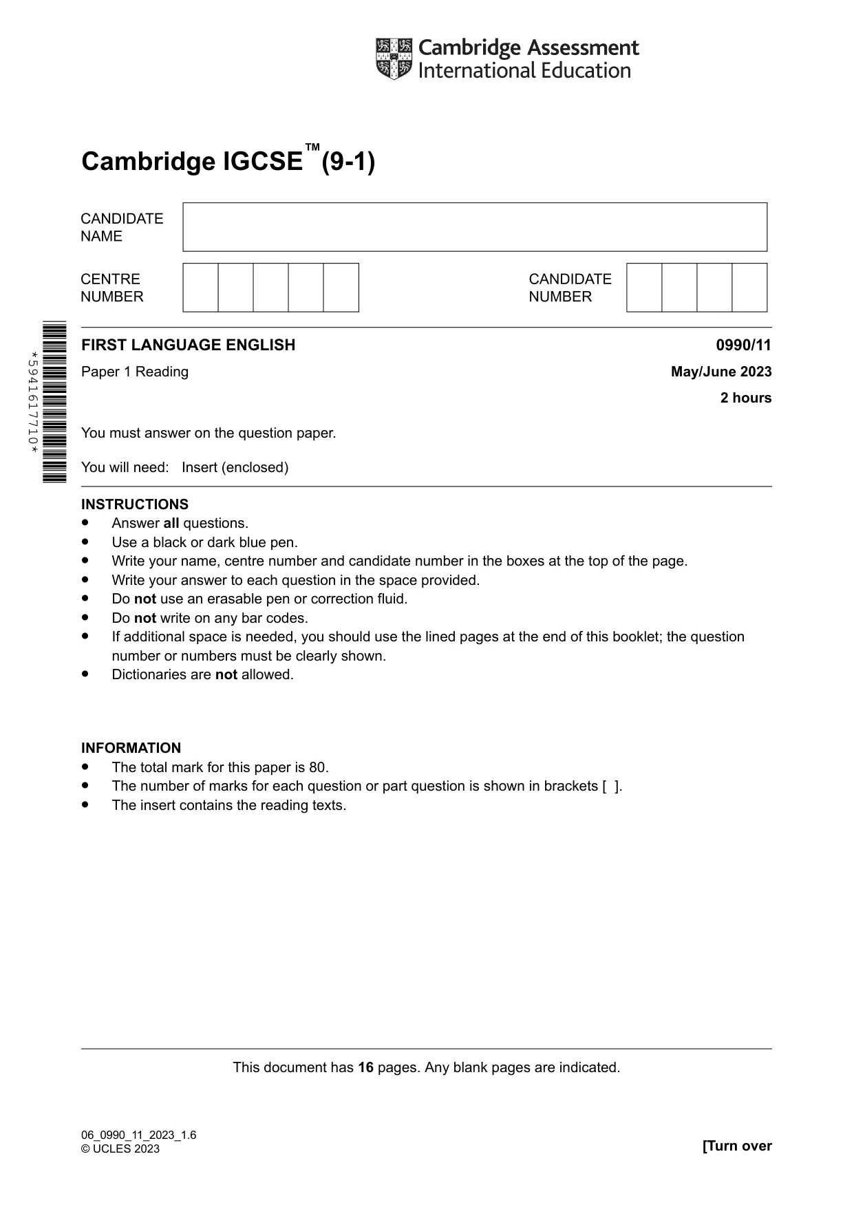 Cambridge IGCSE English - First Language (9-1) 0990 2023 May/June Paper 1 · Variant 1 question paper, page 1 of 16