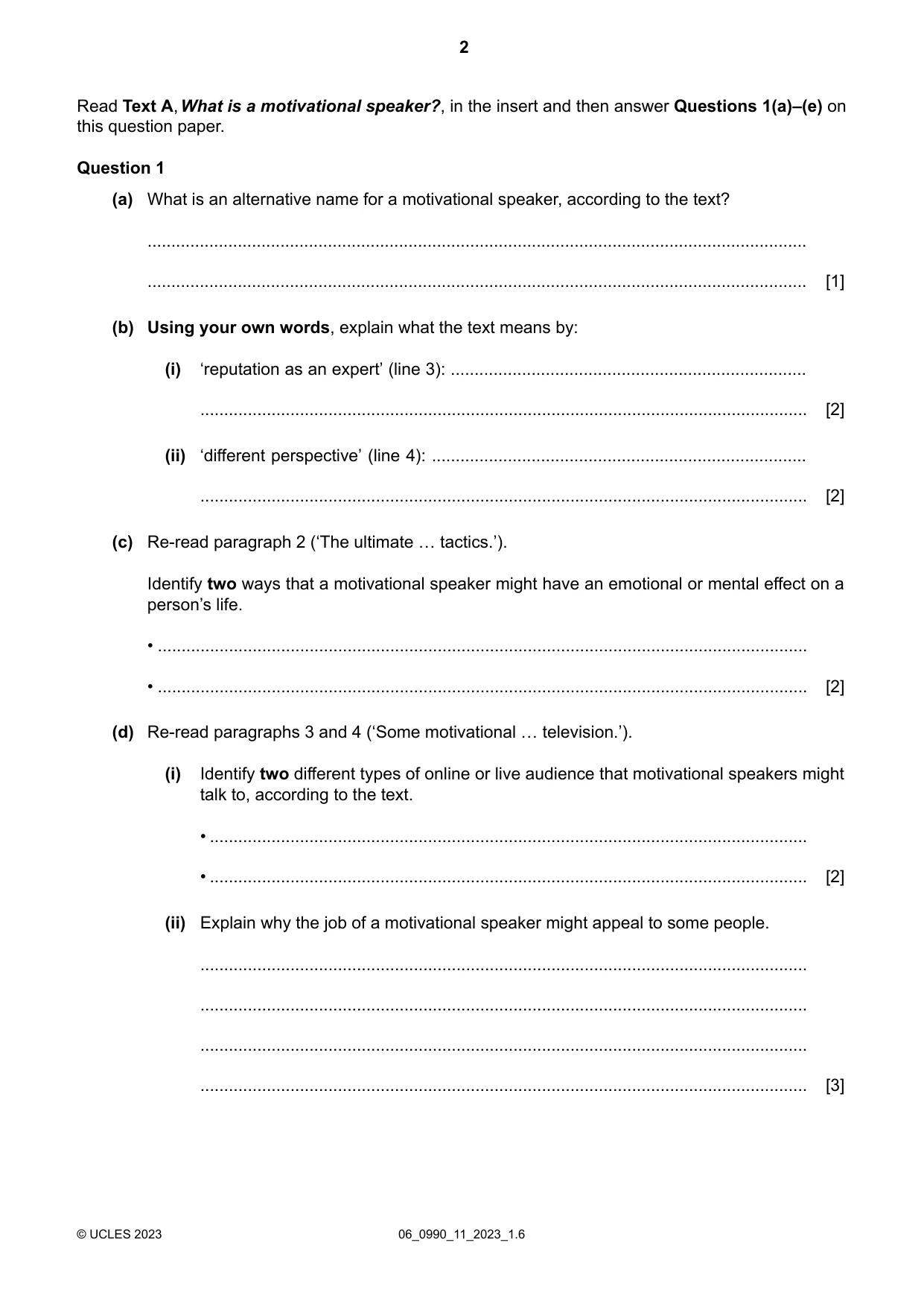 Cambridge IGCSE English - First Language (9-1) 0990 2023 May/June Paper 1 · Variant 1 question paper, page 2 of 16