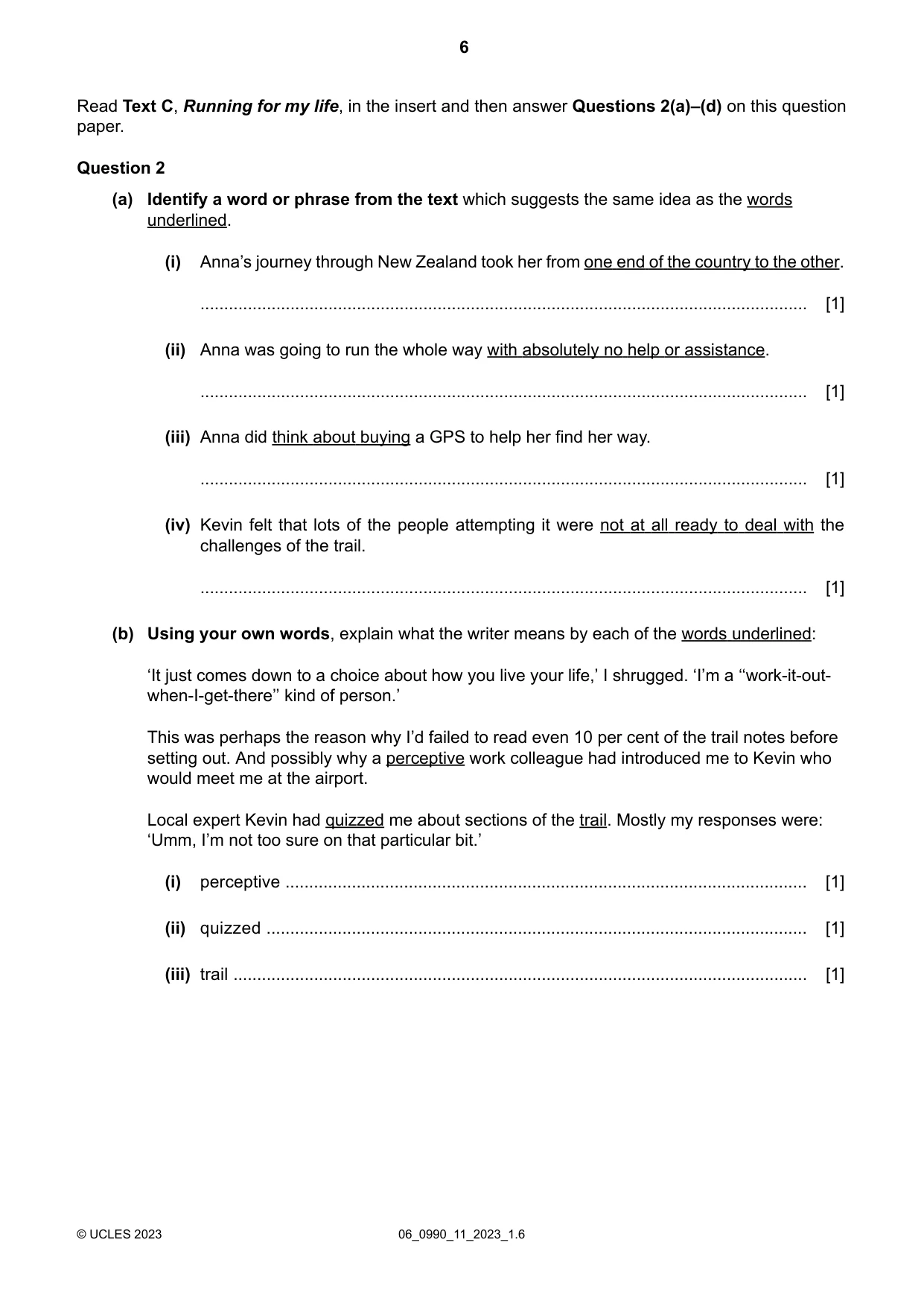 Cambridge IGCSE English - First Language (9-1) 0990 2023 May/June Paper 1 · Variant 1 question paper, page 6 of 16