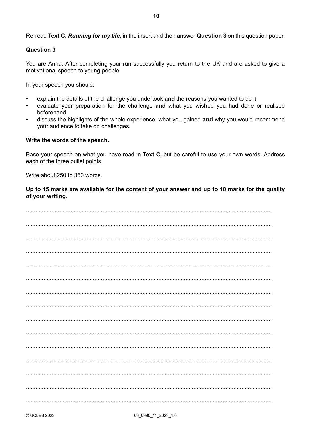 Cambridge IGCSE English - First Language (9-1) 0990 2023 May/June Paper 1 · Variant 1 question paper, page 10 of 16