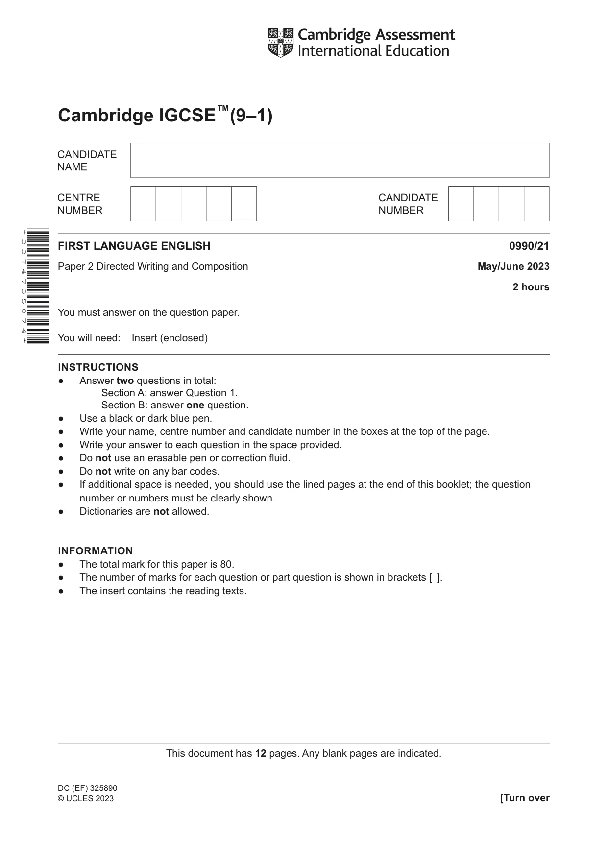 Cambridge IGCSE English - First Language (9-1) 0990 2023 May/June Paper 2 · Variant 1 question paper, page 1 of 12