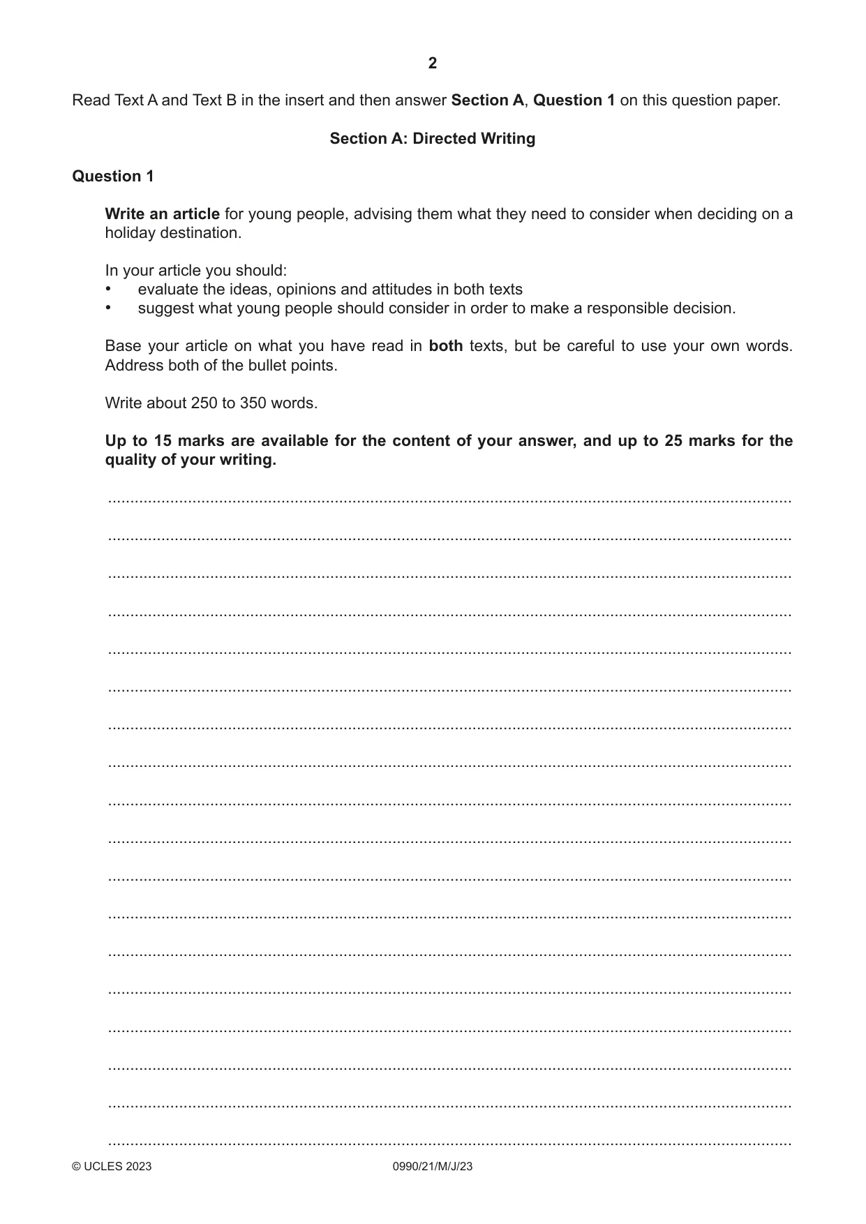 Cambridge IGCSE English - First Language (9-1) 0990 2023 May/June Paper 2 · Variant 1 question paper, page 2 of 12