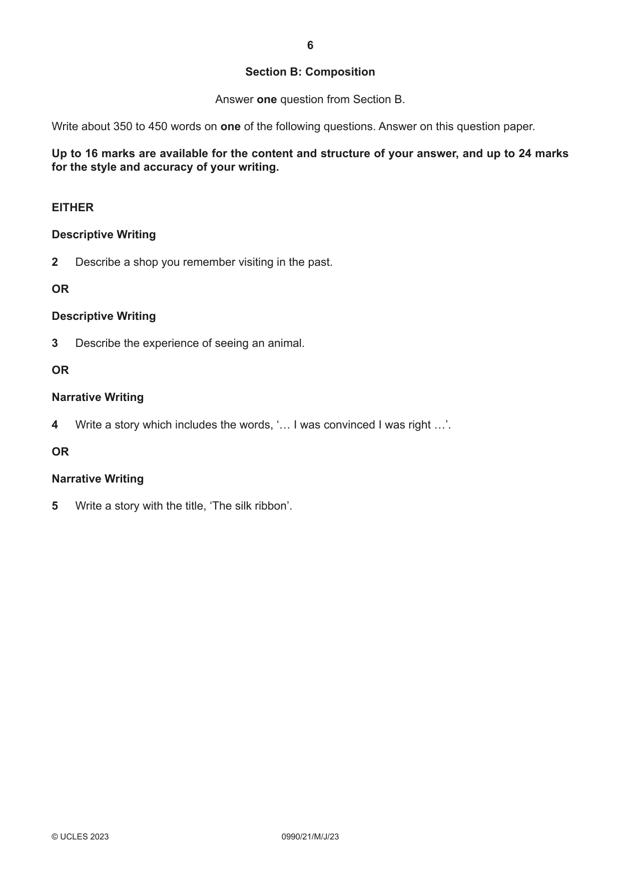 Cambridge IGCSE English - First Language (9-1) 0990 2023 May/June Paper 2 · Variant 1 question paper, page 6 of 12