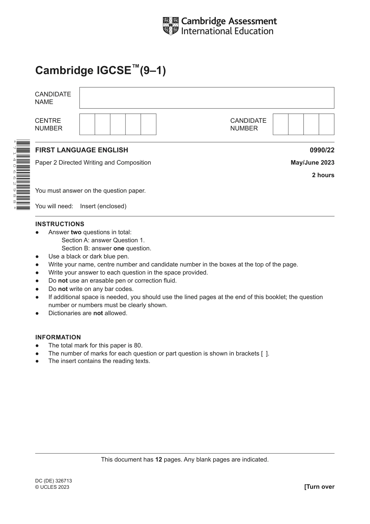 Cambridge IGCSE English - First Language (9-1) 0990 2023 May/June Paper 2 · Variant 2 question paper, page 1 of 12