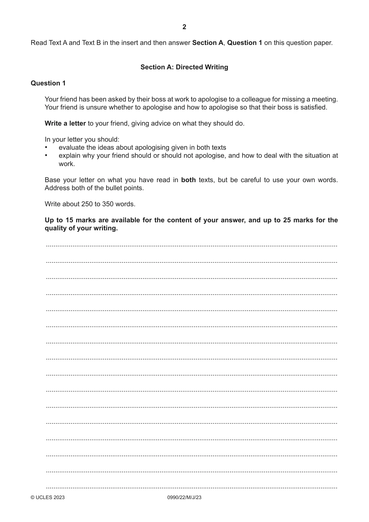 Cambridge IGCSE English - First Language (9-1) 0990 2023 May/June Paper 2 · Variant 2 question paper, page 2 of 12