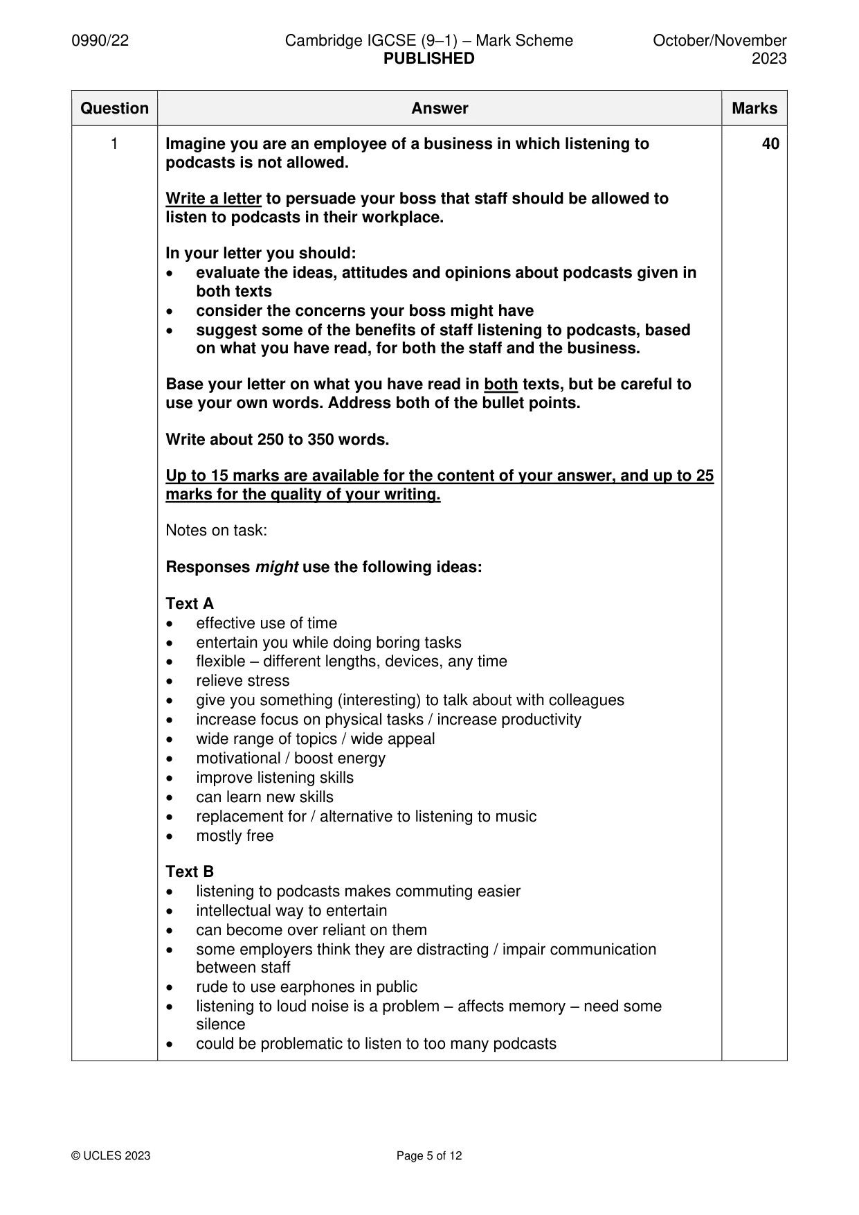 Mark scheme, page 5 of 12