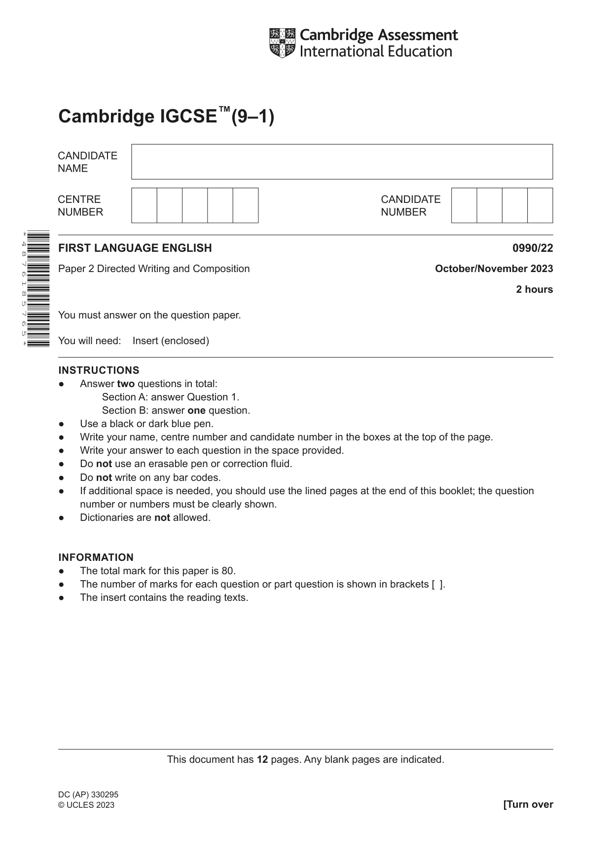 Cambridge IGCSE English - First Language (9-1) 0990 2023 Oct/Nov Paper 2 · Variant 2 question paper, page 1 of 12