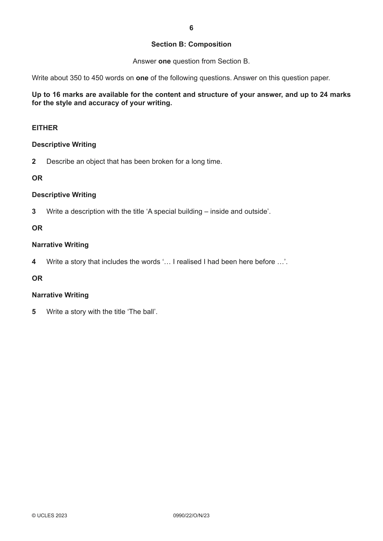 Cambridge IGCSE English - First Language (9-1) 0990 2023 Oct/Nov Paper 2 · Variant 2 question paper, page 6 of 12