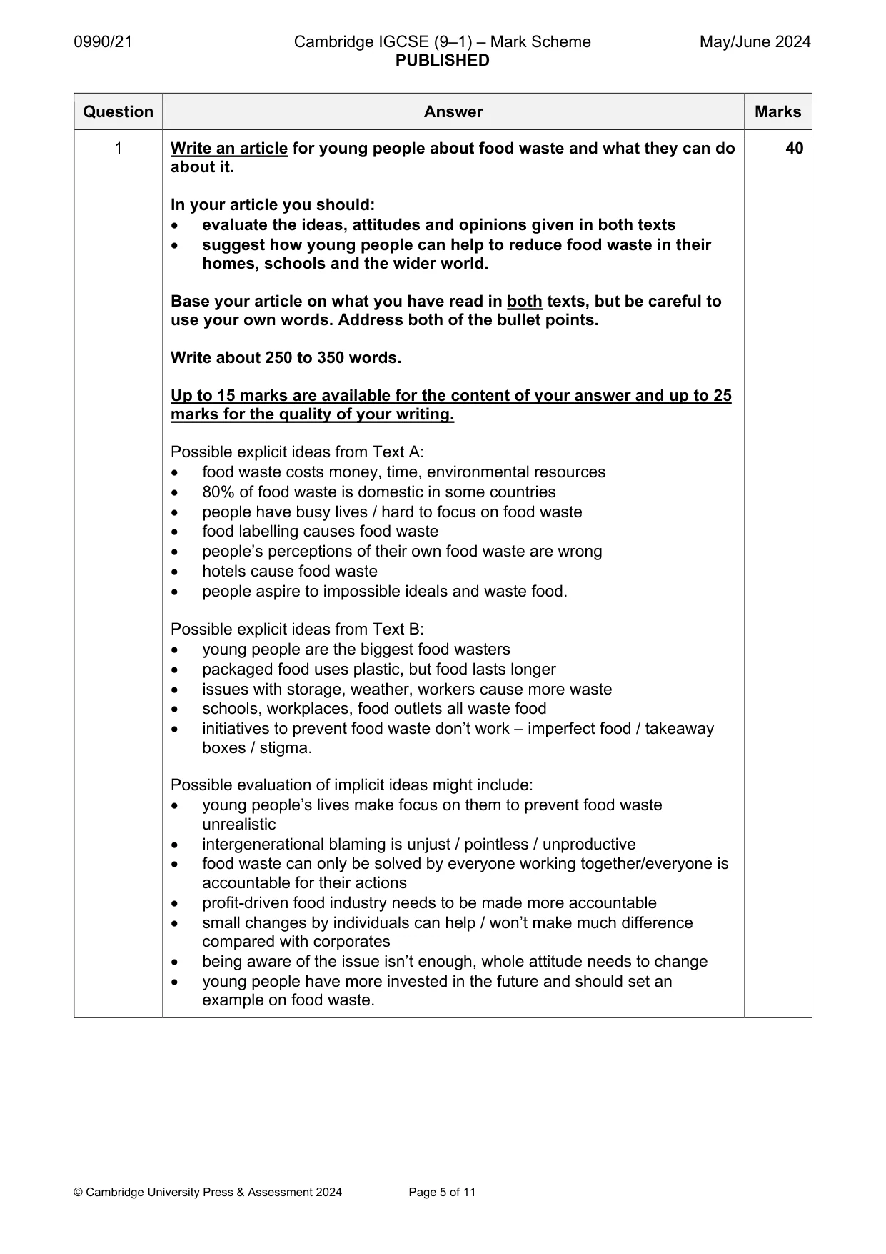 Mark scheme, page 5 of 11