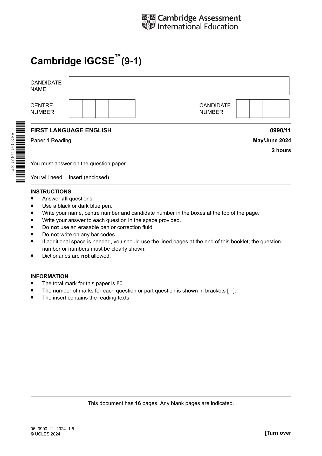 Cambridge IGCSE English - First Language (9-1) 0990 2024 May/June Paper 1 · Variant 1 question paper, page 1 of 16